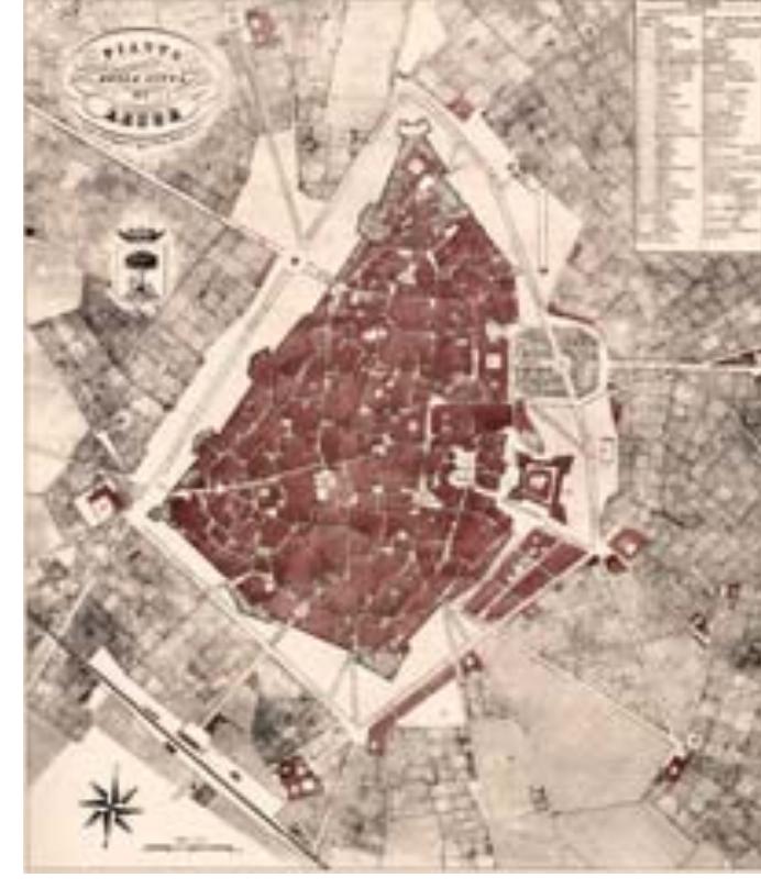 LE MODIFICHE OTTOCENTESCHE DEL TESSUTO URBANO  Rimandando ad altra e pil opportuna sede l’analisi dell’organismo urbano dall’eta messapica sino alle soglie dell’evo moderno (Cfr. CALVESI, MANIERI-ELIA 1970; GIARDINO 2000; GIARDINO, LONOCE 2011; GULL 2011), va sottolineato come il tessuto della citta ottocentesca conservi solo in minima parte i percorsi tortuosi di epoca medievale, probabilmente influenzati dalla matrice islamica di alcuni particolari ambiti (come l’isolato “delle giravolte”: FAGIOLO, CAZZATO 1984, 17). In base a necessita di decoro urbano, igieniche e funzionali tipiche della cultura del periodo, nella prima meta del secolo si realizzano rettifiche stradali e nel contempo viali alberati in corrispondenza della cinta muraria rinascimentale per collegare il tessuto interno con la viabilita extramuranea. Oltre alle grandi infrastrutture (la nuova strada per Taranto, il cimitero, il giardino pubblico, piu tardi la stazione ferroviaria), l’organismo antico viene modificato attraverso ampi interventi di demolizione, a partire da quello delle mura urbane prossime al convento dei Celestini. Attorno alla meta del secolo, per favorire la creazione di spazi pubblici e percorsi stradali vengono demoliti alcuni importanti ambiti storici, tra cui l’isolato della “Contrada Cocole” (1844-47), situata di fronte alla chiesa di S. Chiara come chiaramente riportato in una planimetria del 1846 (FAGIOLO, CAZZATO 1984, 144). Sullo scorcio dell’800 scompaiono altre due emblematiche porzioni della citta, relative all’lsola del Governatore ed alla Regia Udienza, demolite per ospitare le sedi della Banca d'Italia e del Banco di Napoli. In particolare, durante i lavori di costruzione della palazzo della Banca d'Italia, progettato dall’architetto ferrarese Giovanni Travagli “in puro stile fiorentino” quale continuita con lo spirito risorgimentale (POoso 1992, 782), viene individuato e portato parzialmente alla luce l’anfiteatro romano, dando inizio alla controversa vicenda della valorizzazione del monumento. Non trova invece applicazione il Piano Regolatore di Francesco De Simone (1897), il primo della storia di Lecce, che nell’area compresa tra la chiesa di Santa Chiara e la via Principi di Savoia prevede la creazione di due ampi viali paralleli interrotti da due piazze d’impianto geometrico: piazza Vittorio Emanuele  (esagonale) e s. Oronzo (rettangolare) (PCA 2005, 20). PESCARA | IT | INTERNATIONAL FORUM ON  