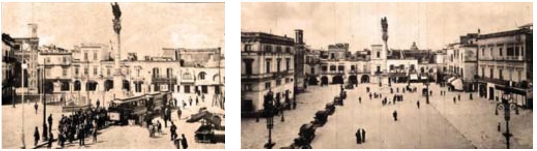 Figg. 3 e 4: L’isolato delle “Capande” ed il “parallelogrammo” in foto d’epoca (elaborazione di Luigi Paolantonio da Montinari 2018)  La gia accennata visita del 1797 di Ferdinando IV fu motivo da parte dell’Universita di “rendere piu vistosa la Pubblica Piazza” mediante la creazione di un piazzale perfettamente rettangolare (il “parallelogrammo”) delimitato da pilastrini in pietra locale (i “pogginali”). Inoltre sul lato orientale si demoliscono “parecchie case nere e sdrucite, covo di pezzenti” e le botteghe aggettanti rispetto al filo degli altri edifici, mentre sui lati della chiesa dis. Maria delle Grazie si regolarizza il vico dei Forcinari e si demolisce lo “sconcio porticato” del mercato del pesce. In sostanza, cercando di raccordare i due spazi della piazza, il “parallelogrammo” viene eletto ad ospitare alcune funzioni di grande coinvolgimento cittadino, fossero esse le bancarelle del mercato bisettimanale che le strutture effimere delle feste popolari.  