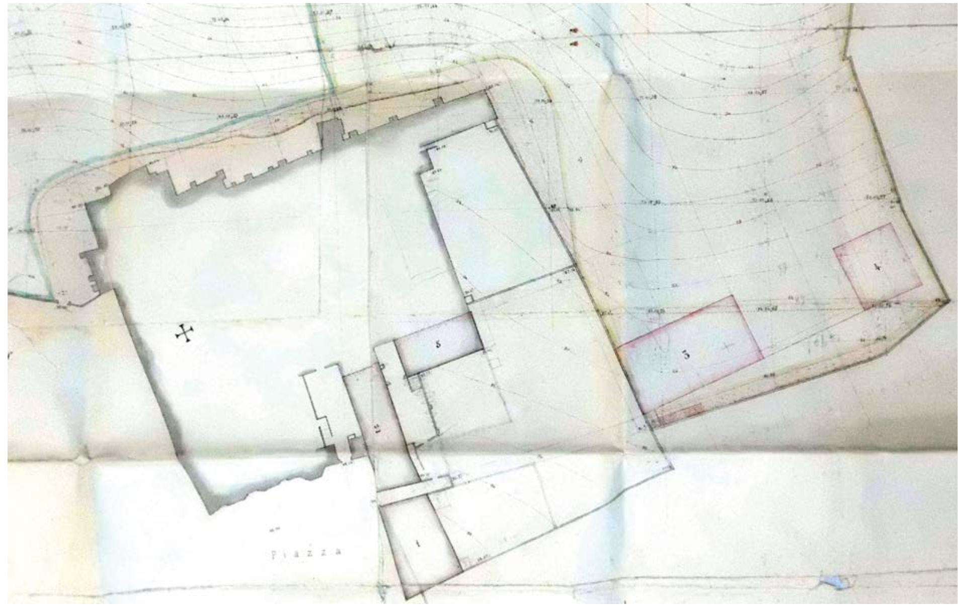 Manicomio di Collemaggio, pla- nimetria con edifici in progetto (1904).  mostra la distribuzione dei vari padiglioni impostata su di uno  i nuovi fabbricati?, mentre la quota di superficie restante sarebbe F  Figura 1 