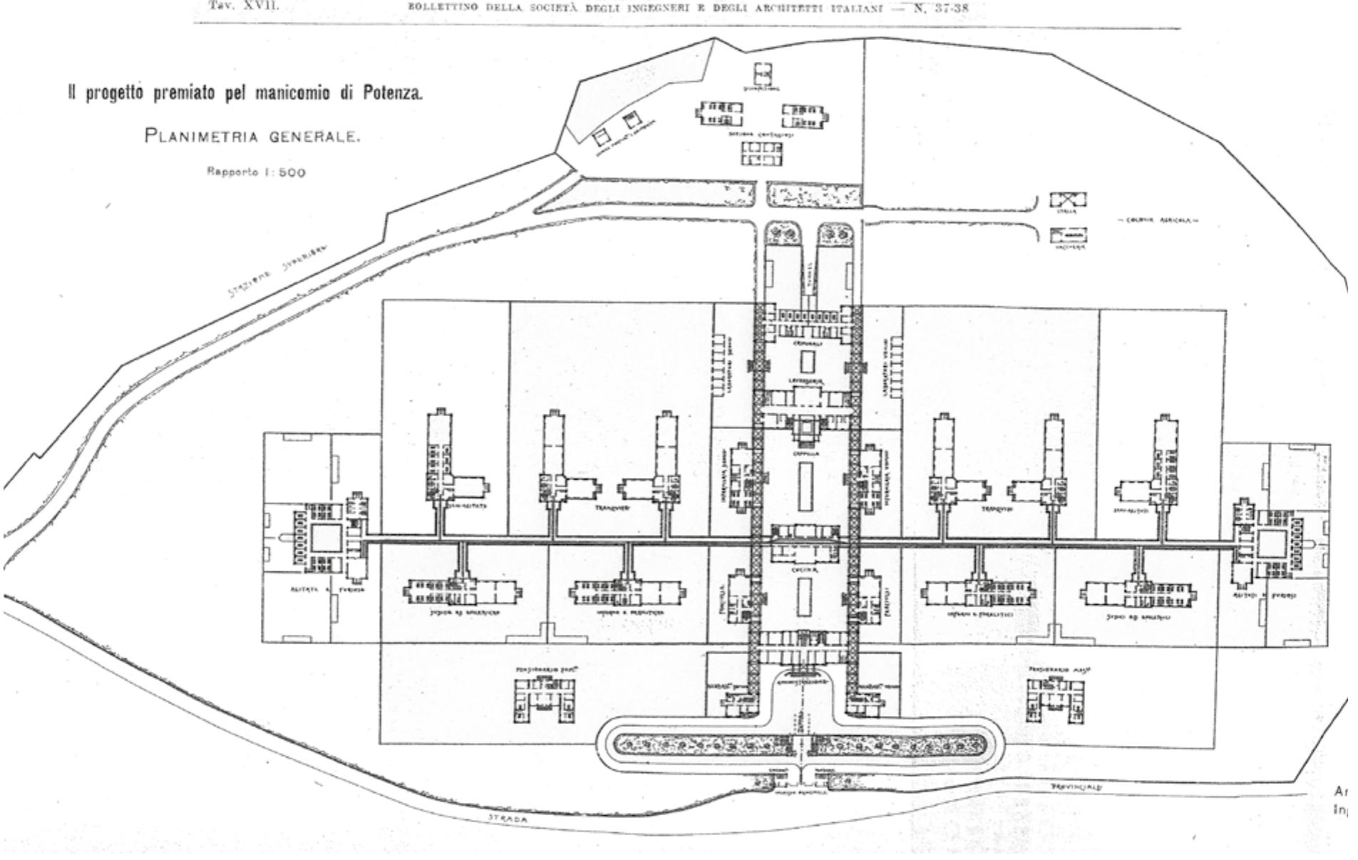 alle intenzioni progettuali, specie se poste a confronto dei primi complessi “a padiglioni isolati” sorti dopo l'Unita, come quelli di Reggio Emilia, Macerata, Siena e Imola. Inoltre il Frenocomio di Trieste, progettato nel 1903 da Lodovico Braidotti, impegna ben 219.700 mq, contro i 215.000 dell’Ospedale Psichiatrico di Rovigo, i cui lavori, iniziati nel 1906, vengono interrotti quattro anni dopo per |l’eccessivo aumento dei costi”®. In realta all’Aquila il problema di fondo é quello dell’area d’impianto, risolto con il trasferimento dell’organismo di progetto sui terreni prospicienti, su cui si sviluppa la seconda soluzione di Guido Rimini, datata 10 agosto 1903. II complesso manicomiale conferma l’adozione della tipologia “a padiglioni distanziati o isolati’, impegnando pero un’ampia superficie complessiva in cui sarebbero stati separati maggiormente i 15 padiglioni in progetto, sempre disposti secondo un razionale schema simmetrico. Anche la nuova formulazione dell’ingegner Rimini deve molto al progetto di Braidotti, specie nell’impostazione dei padiglioni del settore “clinico”. Osservando i disegni esecutivi del fabbricato della “Lavanderia, disinfezione e bagni”’ del nosocomio aquilano e quelli del fabbricato “Caldaie e disinfezione” del manicomio triestino, si nota come le facciate principali presentino esattamente stesso numero, stessa collocazione e identico tipo di aperture, sebbene il fabbricato progettato da   : egw se &  G. Quaroni, M. Piacentini, Pro- getto premiato per il Manicomio di Potenza denominato Ophelia,  planimetria generale (1906).  del manicomio triestino, si nota come le facciate principali 