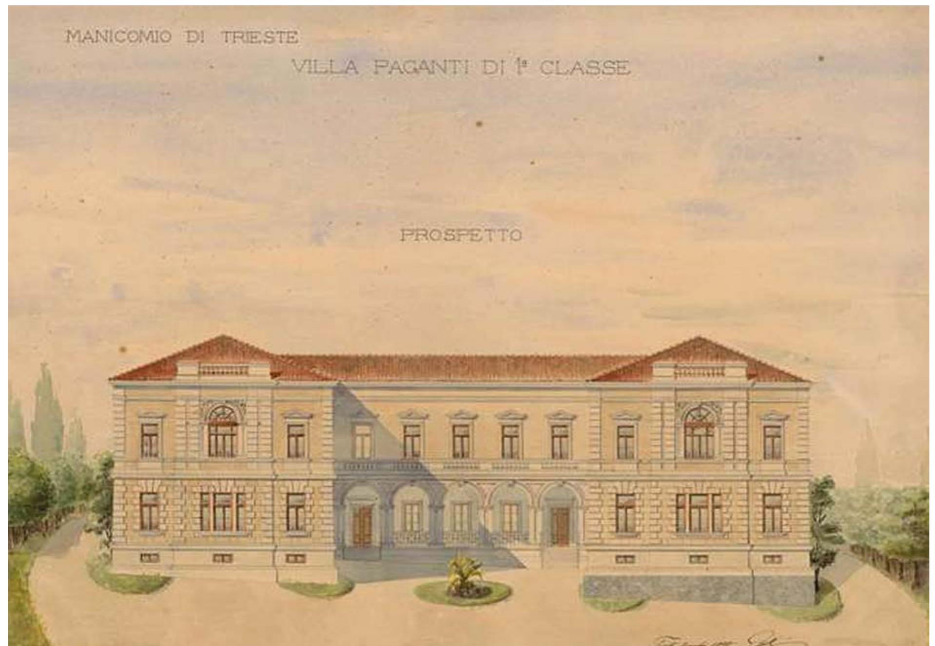 “Manicomio”, si adotta dunque il linguaggio eclettico come nei neonati complessi termali, nelle serre, nei palazzi per le esposizioni e nelle stazioni ferroviarie, in quanto la tendenza classificatoria dell’Eclettismo prevede tipi rigorosamente definiti rispetto alla norma*’. Nel tipo del "Manicomio" vengono utilizzati contemporaneamente piu stili, ognuno dei quali é assegnato in base alla funzione all’episodio architettonico per il quale si presta maggiormente, determinando quindi una sorta di caleidoscopio stilistico. In particolare per gli edifici dell’“Amministrazione”, simboli dell’autorita dell’istituzione manicomiale, era costante il ricorso al modello cinquecentesco romano, con piano inferiore bugnato e campitura liscia nei livelli superiori fino al cornicione e all’attico, oppure con facciata piatta solcata solo da forti cornici di collegamento delle finestre timpanate, in piu serrata da cantonali bugnati e coronata da un pesante cornicione come in Palazzo Farnese**. Al modello neo- rinascimentale si ricollega il prospetto principale dell’edificio dell’“Amministrazione” per il frenocomio aquilano, che Camillo Tranquilli ripartisce in tre livelli, l'inferiore a fasce continue ed i superiori lisci. Le cornici marcapiano, le regolari sequenze  i superiori lisci. Le cornici marcapiano, le regolari sequenze  re Se  E. Lorenzutti, Progetto per il Fre- nocomio di Trieste, Ville paganti di | classe (1897), conservato pres- so I’Archivio tecnico della Piani- ficazione urbana del Comune di Trieste. 