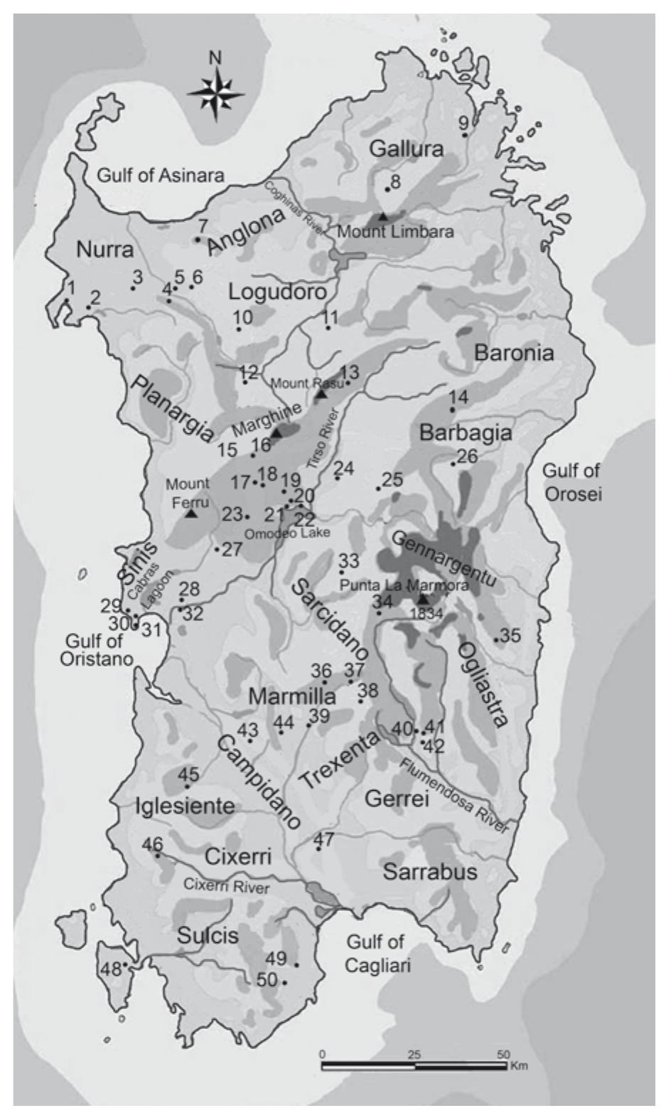 3 map of sardinia, showing major regions, rivers, moun-
