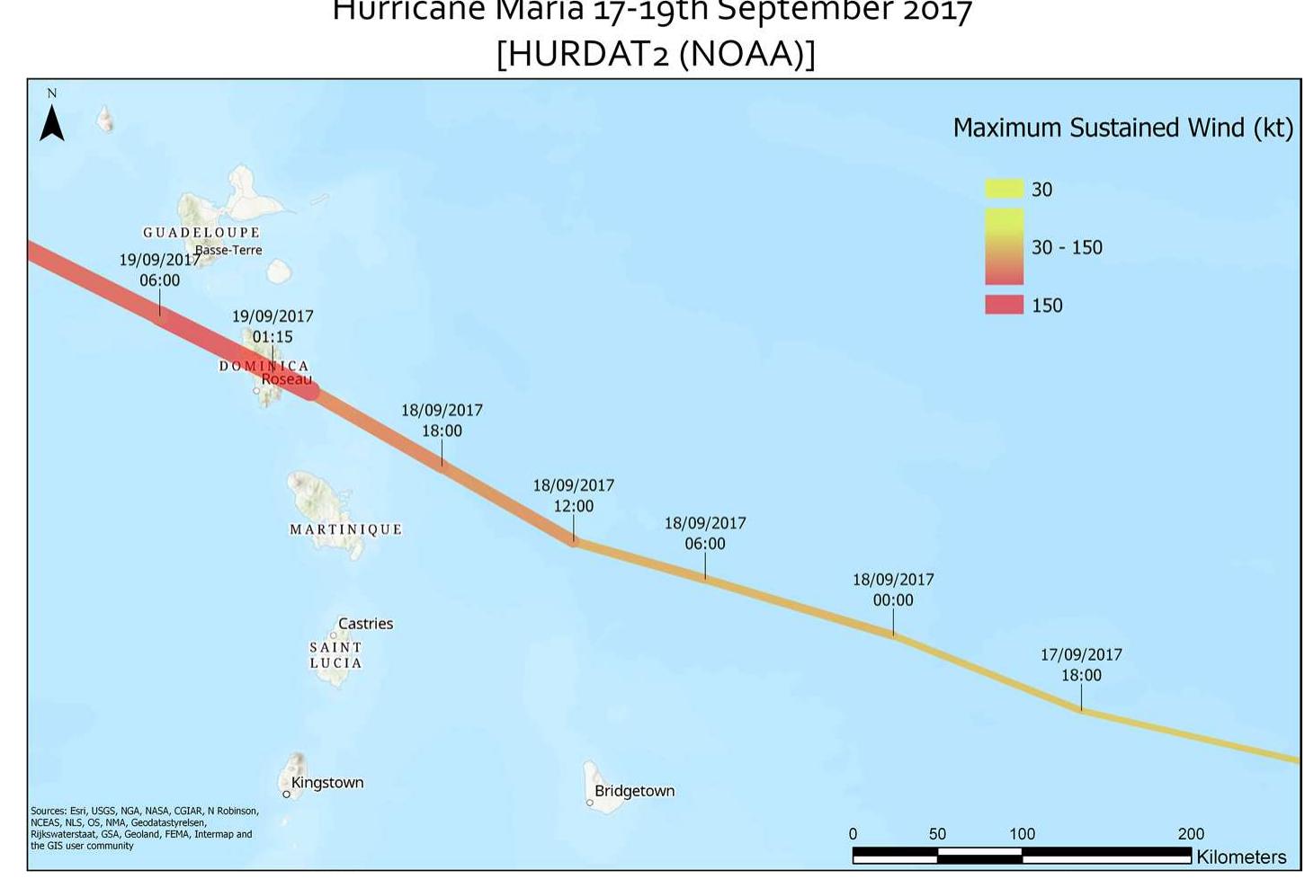 Fig. 1 Hurricane Maria track and intensity in relation to Dominica (Arcgis Pro 2.3)  1.7TJIJU UI  AUOM UOD LUHIVETSILe CALMOHUUS Ge LUUVAI 2U1LT7).  The drastic changes to the landscapes of Dominica, both the geo-ecological changes in the rural landscape and the damage, destruction and burial by sediment in inhabited areas, highlight the need for rapid mapping and quantification of such changes. This  can lead provide opment  to a better understanding of what happened during hurricane Maria and thus the knowledge base to guide the reconstruction of Dominica, as well as devel- of activities in other countries that are at high risk from similar extreme storm  events.  n this paper, we present the results of a damage survey undertaken after Maria  that used unmanned aerial vehicles (UAVs), alternatively known as drones or remotely piloted aircraft systems (RPAS). In addition to capturing primary post-hurricane data, 