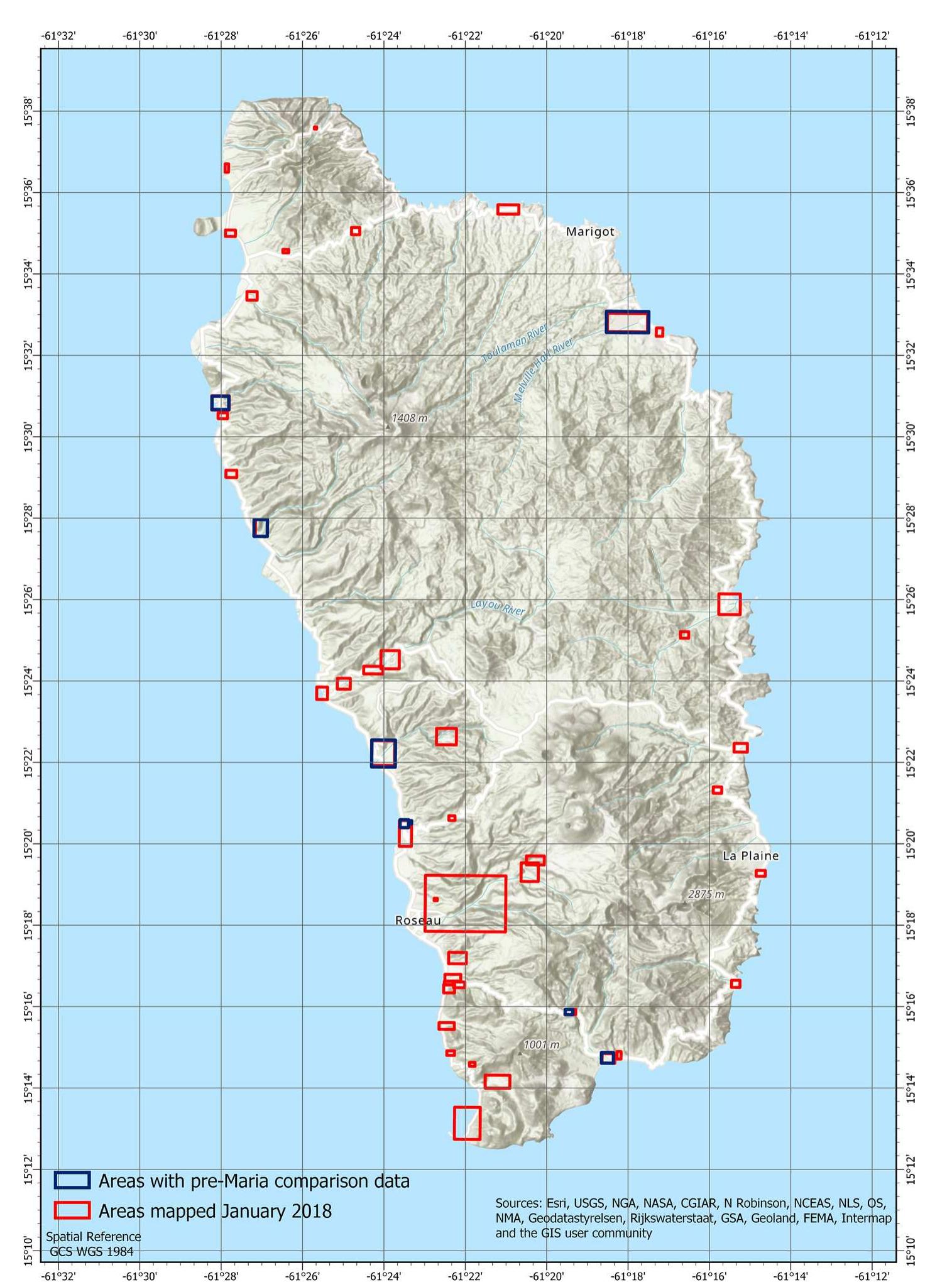 Fig. 3 Overview map of Dominica showing the extents of all areas mapped (Arcgis Pro 2.3) 