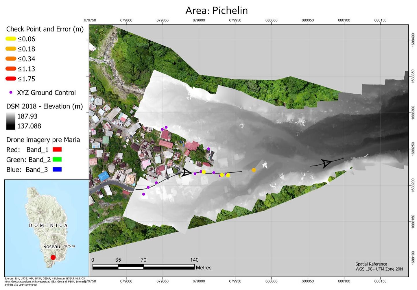 Fig. 7, Overview map of Pichelin, Dominica, showing the overlap between the 2017 and 2018 data and the GCP, profiles and check points used in error assessment. There were no usable GCP in the eastern half of the overlap. (Arcgis Pro 2.3) 