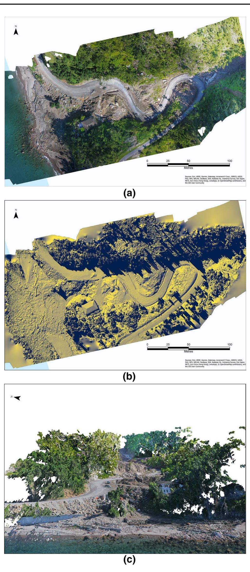 Fig.8 Data output from Champagne Pool, Dominica, showing the three types of data produced by the SfM pro- cess. a Orthophotograph (Arcgis Pro 2.3). b Digital Surface Model (Arcgis Pro 2.3). ¢ Point cloud (Arcgis Pro 2.3) 