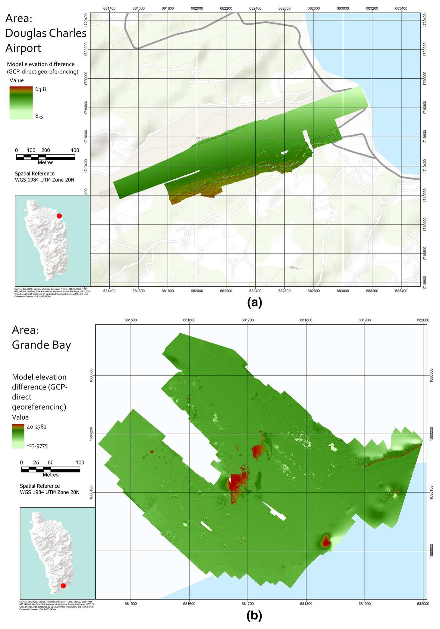 Fig.9 Comparison between the data produced by the SfM process from direct georeferencing using the UAV internal GNSS and IMU and the data produced by the SfM process using GCP. a Map view of model elevation difference at Douglas Charles Airport, Dominica (Arcgis Pro 2.3). b Map view of model elevation difference at Grand Bay, Dominica (Arcgis Pro 2.3) 
