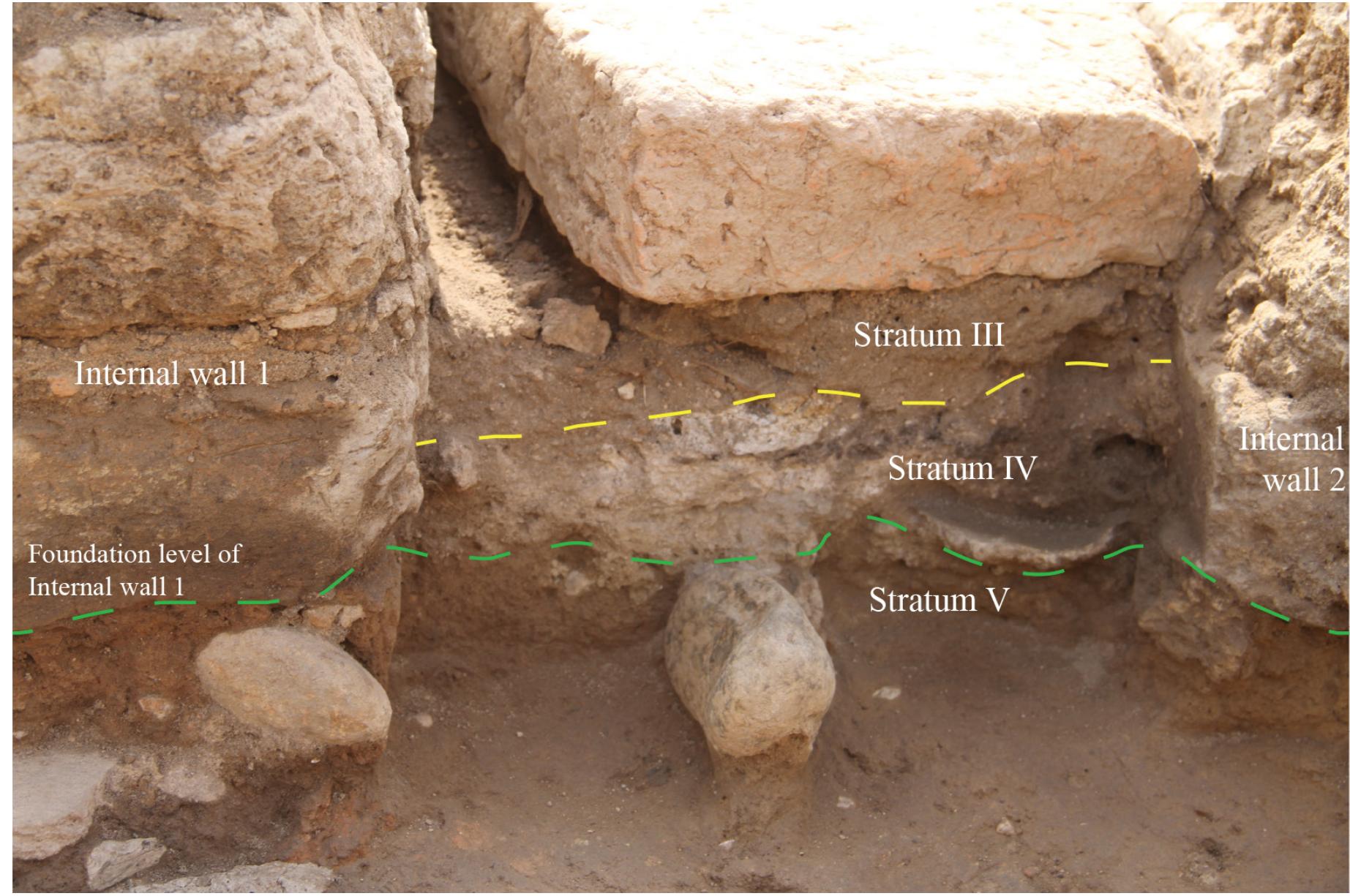 Fig. 5. Strata III, IV and V in the west part of Kiln 1, as seen from the firebox and the WSA.
 Stratum III: destruction

