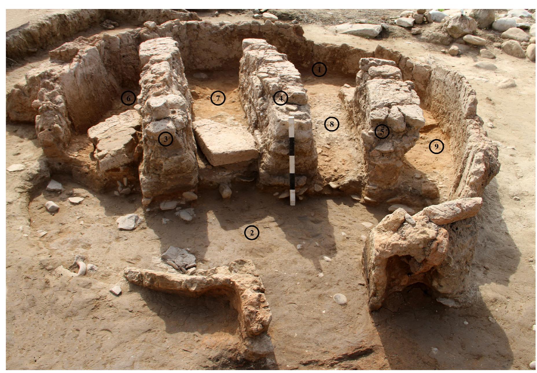 Fig. 6. Kiln 1: combustion chamber (1), firebox (2), internal wall 1 (3), internal wall 2 (4), internal wall 3 (5), airway corridor 1 (6), airway
corridor 2 (7), airway corridor 3 (8), and airway corridor 4 (9).
