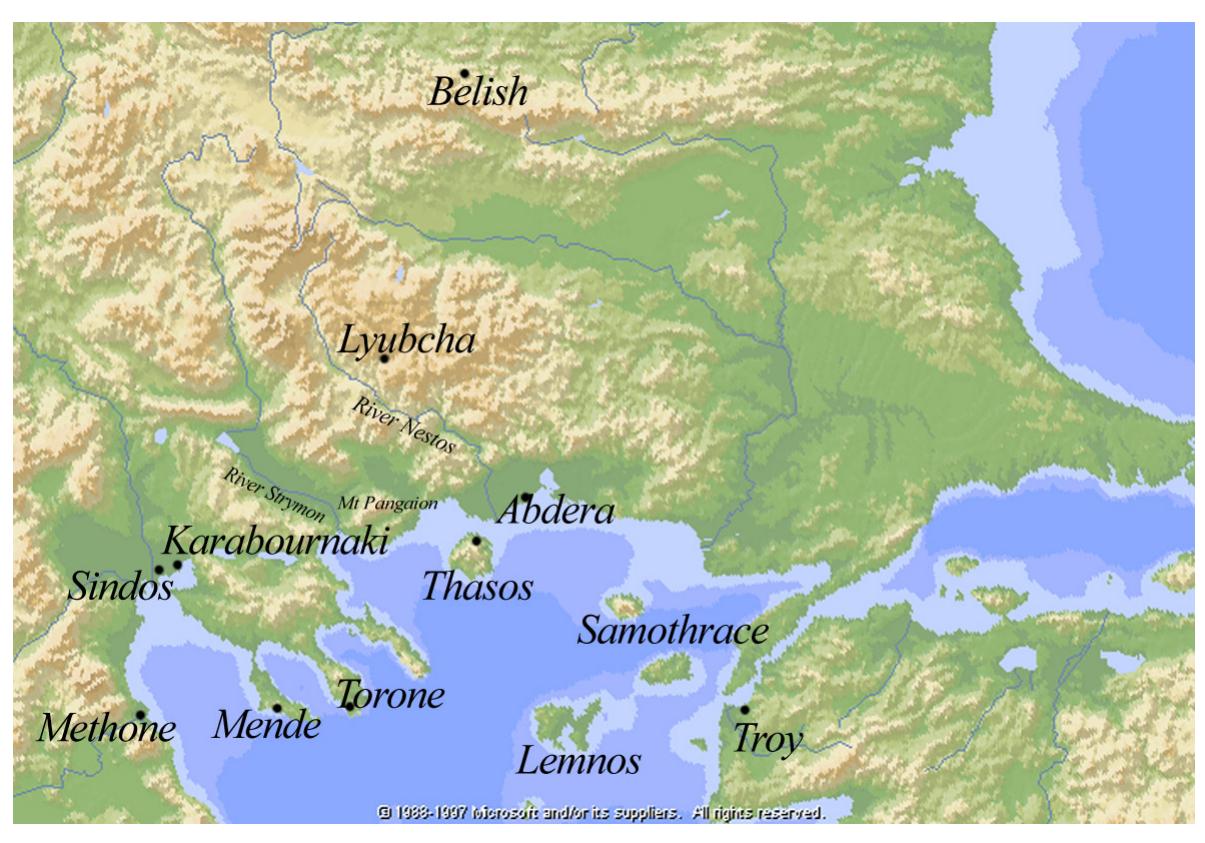 Map 1. Map of the North Aegean basin and inland Thrace with place-names mentionec
in text (author)

