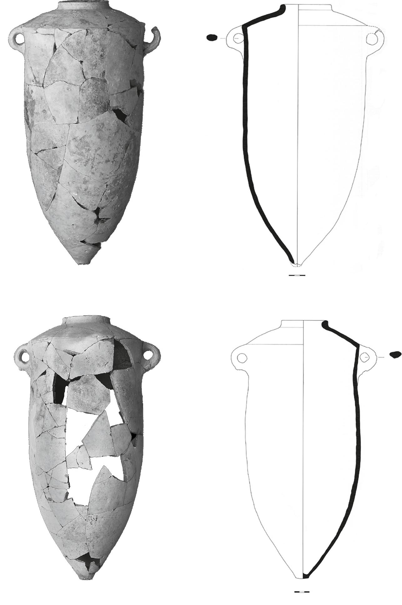 Fig. 1. Restored Phoenician trade amphorae (torpedo jars) from Methone, “Ypogeio” (after Kacoépn 2012, fig. 1-2)
 Therme,® is a Northern Aegean port where Phoenician, as well as Cypriot, ceramics were dis-
covered. Two joining mouth and neck fragments from a trefoil-lipped, red-slipped jug were
originally published as Phoenician (Fig. 2).6* The vase appears to belong to the familiar type
of Phoenician jugs with almost globular body, relatively short conical neck and high, narrow
trefoil lip.© Its micaceous fabric, however, led Bourogiannis to see it as a possible Southeastern
Aegean version of the Phoenician shape,® rather than as an original import from the Phoeni-
