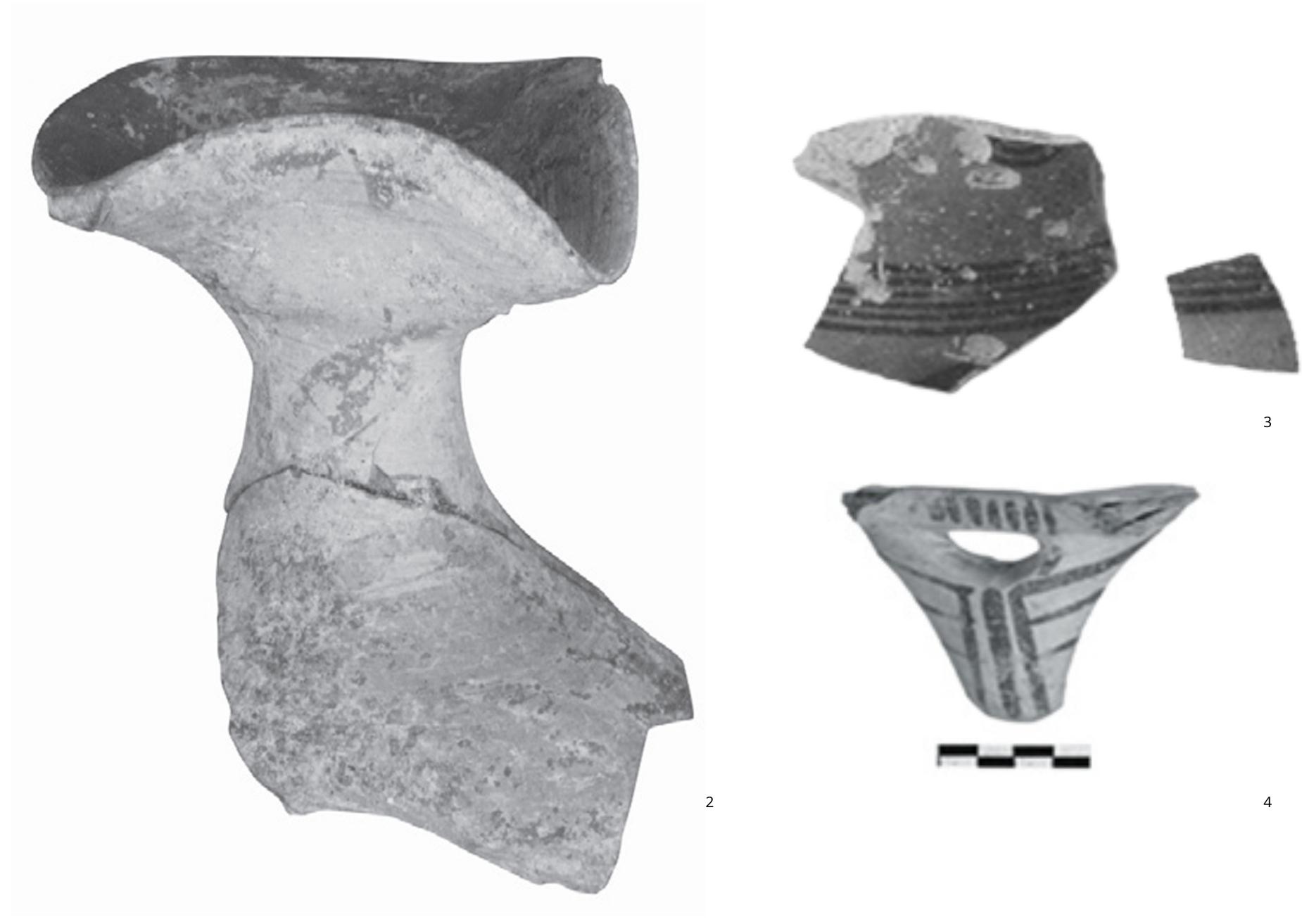 Fig. 2. Mouth and neck fragments from a trefoil-lipped, red-slipped jug from Karabournaki (after TLBéptoc 2017, fig. 5a). Fig. 3. Two wall
fragments from BoR neck-ridge juglets from Karabournaki (after TiBéptos et al. 2004, fig. 8) Fig. 4. Cypriot painted pottery fragment
from Karabournaki (after TiBéptoc 2017, fig. 58)
