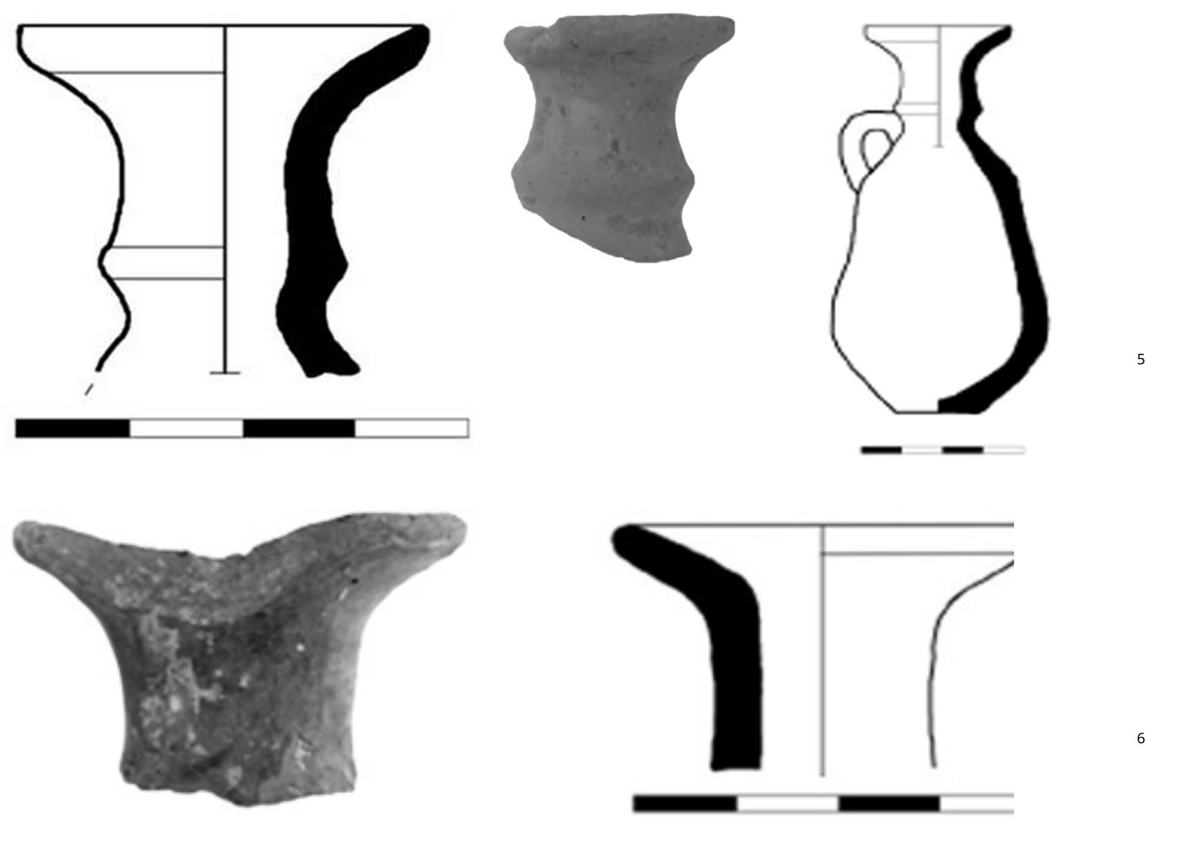 Fig. 5. Mouth and neck fragment from a Phoenician red-slipped neck-ridge juglet from Torone and suggested restoration of the shape
(after Fletcher 2008, fig. 3, 5) Fig. 6. Mouth and neck fragment from a Cypriot Grey Polished Ware juglet (after Fletcher 2008, fig. 4)
 less Phoenician, exactly like one Grey Ware pot from Troy and a Grey Ware pot from Lesbos are
equally Grey Ware vessels, no one questions their attribution to the same ceramic group just
because they were made of local clays. Since terms such as Metropolitan Phoenician wares,
Cypriot Phoenician pottery, and Western Mediterranean Phoenician ceramics are perfectly
acceptable and reflect the regional variations within the same broader group, why should <
vessel made in the Aegean not be recognised as Phoenician because of its locally sourced clay?
It is a different question, if the people at Karabournaki could identify it as Phoenician. It is alsc
true that a Phoenician pot found in the Northern Aegean and manufactured in the Easterr
Aegean would point towards a link between these two parts of the Aegean, rather than a direct
one between the Northern Aegean and the Phoenician coast. It still does not mean, however
that this link could not have been carried via the agency of Phoenician people resident in the
eastern Aegean (Rhodes for example).
