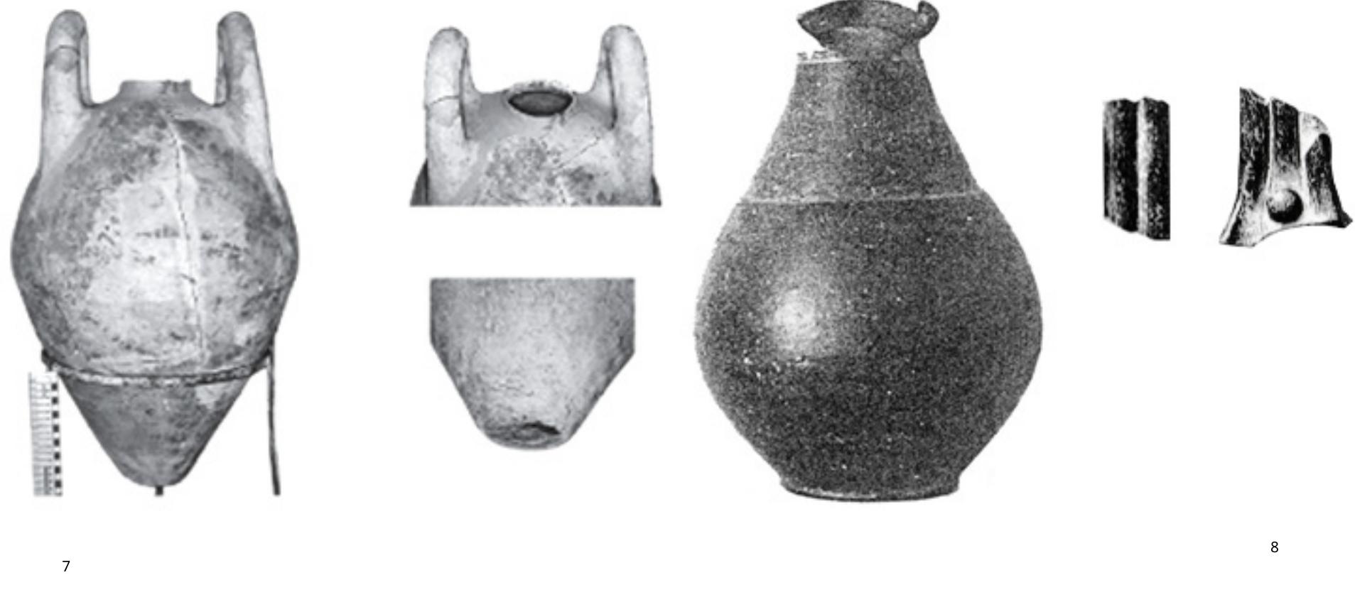 Fig. 7. Cypriot basket-handle amphora from the cemetery of Abdera (after Dupont and Skarlatidou 2012, fig. 31). Fig. 8. Grey Ware tre-
foil-lipped Phoenician-type jug and fragments from double- and triple-rope handles, possibly from similar jugs, from Troy (after Blegen
et al. 1958, fig. 291:5-7 handle fragments, 292)
