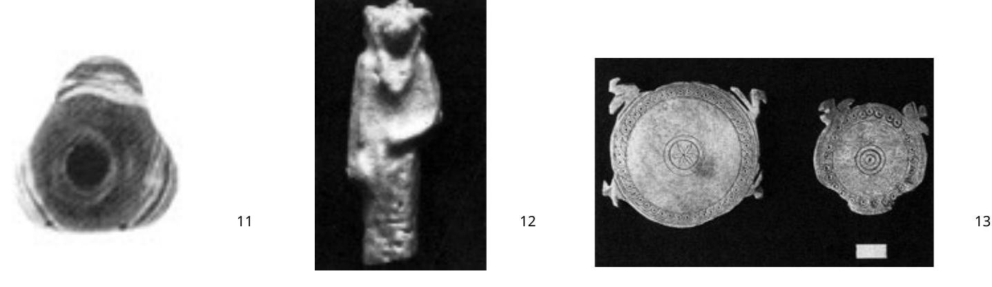 Fig. 11. Compound three-eye-bead from the settlement mound at Sindos (after TiBéptog and
TiatZisng 2000, fig. 8). Fig. 12. Egyptianising amulet from Methone, “Ypogeio” (after Mrtéotoc et al.
2004, fig. 3). Fig. 13. Ivory artefacts from Methone, “Ypogeio” (after Mréotoc et al. 2004, fig. 4)
 An Egyptianising amulet was also discovered during the “Ypogeio” excavation at Methone,
suggesting that it was discarded at the same time as the rest of the finds from the site in the
late 8'-early 7" c. BC." Judging by the published photograph of the find (Fig. 12), it appears to
represent a standing female figurine with a rounded animal head with small pointed ears and
a beginning of a head-gear between them. It looks worn, with no clear details and the fracture
