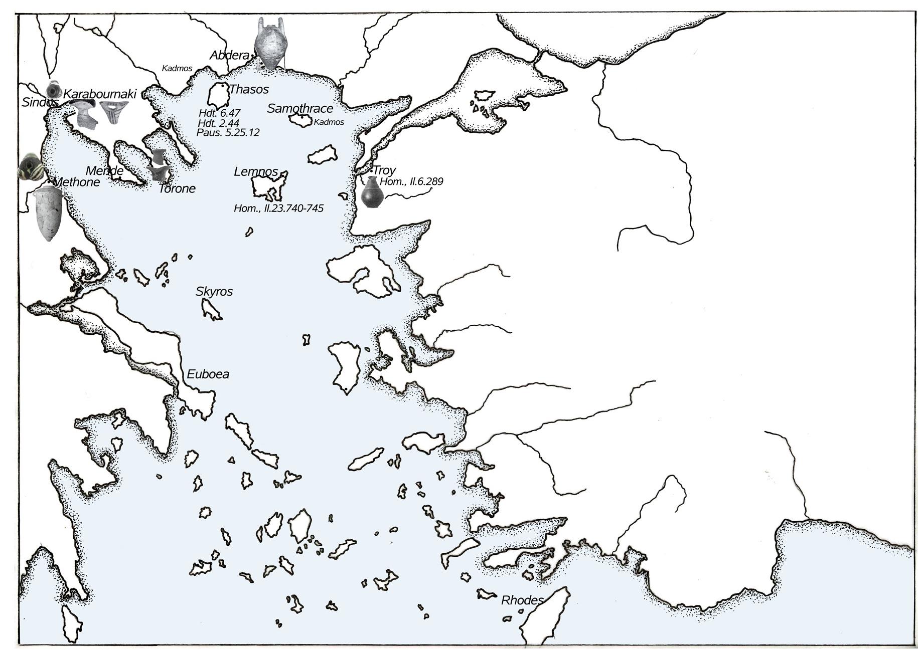 Map 2. Distribution map of Cypriot, Phoenician and Phoenician-type artefacts in the Northern Aegean and sites associated with
Phoenicians by ancient literary sources (author)
 imported purple dye. Alternatively, the purple-dyed fibres could be linen,’” providing a rare
evidence for the import of Eastern Mediterranean textiles in inland Thrace.
 NE EE NE NE ED OED NII ae IID IDE IE

What is unquestionable, however, is that the purple-dyed cloth laid in the grave must have
been a luxurious item for the local community, not least because of its (or the colour’s) remote
homeland and the distance involved in its acquiring. The combination with amber and the nu-
merous bronze ornaments may point to the high status of the symbolically buried individual
and recalls the Lyubcha cenotaph. The chronology of both graves bonds well with the date of
the Cypriot, Phoenician and Phoenician-style artefacts discovered in Northern Aegean coastal
settlements.
