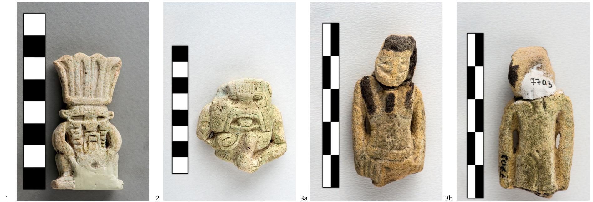 Fig. 1. Double faced Bes amulet from the votive deposit of Ialysus (preserved ht. 6.2cm) from the votive deposit of Ialysus, Archaeologi-
cal Museum of Rhodes, inv. no. 10867, Ephorate of Antiquities of Dodecanese. Photographer: Niki Spartali. Fig. 2. Faience amulet of Bes
(preserved ht. 3.6 cm) from the votive deposit of Ialysus, Archaeological Museum of Rhodes inv. no. 7725, Ephorate of Antiquities of Do-
decanese. Photographer: Niki Spartali. Fig. 3. Faience Nefertum figure with Sekhmet on the back (preserved ht. 4.5 cm) from the votive
deposit of Ialysus, Archaeological Museum of Rhodes, inv. no. 7703, Ephorate of Antiquities of Dodecanese. Photographer: Niki Spartali.
