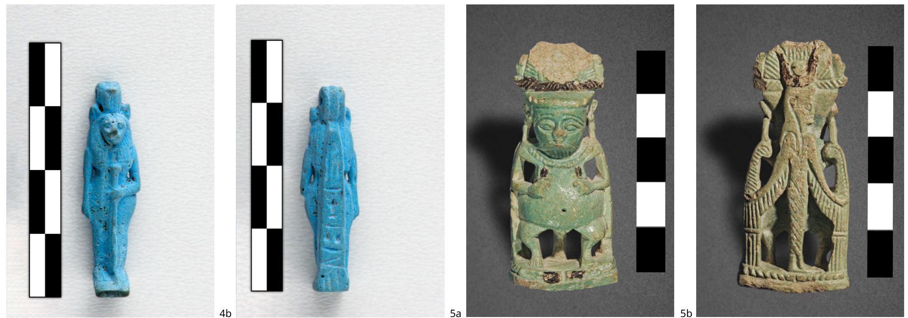 Fig. 4. Sekhmet amulet made of blue compound (ht. 3.2 cm) from the votive deposit of Ialysus, Archaeological Museum of Rhodes, inv.
no. 7760, Ephorate of Antiquities of Dodecanese. Photographer: Niki Spartali. Fig. 5. Faience Ptah Pataikos amulet (ht. 5.6 cm) from the
Sanctuary of Athena at Camirus, Archaeological Museum of Rhodes, inv. no. 14620. Ephorate of Antiquities of Dodecanese. Photogra-
pher: M. Papanousis.

