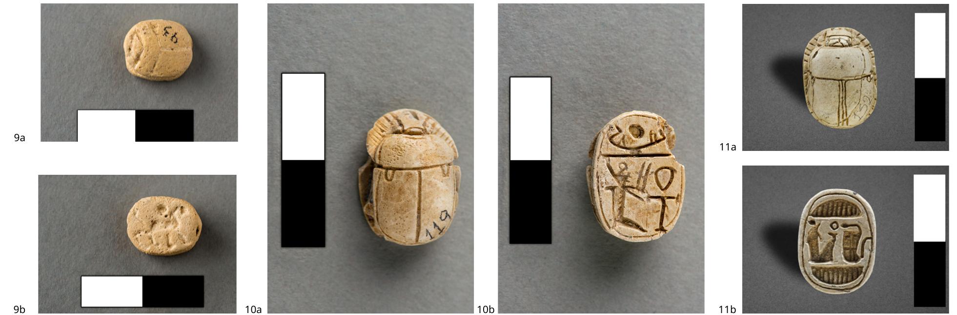 Fig. 9. Faience scarab from the votive deposit of Ialysus (1.1x0.8x0.5 cm), Archaeological Museum of Rhodes, inv. no. 93, Ephorate of
the Dodecanse. Photographer: N. Spartali. Fig. 10. Steatite scarab from the votive deposit of Ialysus (1.5x1.1x0.8 cm), Archaeological
Museum of Rhodes, inv no. 119, Ephorate of the Dodecanese. Photographer: N. Spartali. Fig. 11. Steatite scarab from the votive deposit
of Ialysus (1.5x1.1x0.7 cm), Archaeological Museum of Rhodes inv. no. 152, Ephorate of the Dodecanese. Photographer: N. Spartali
