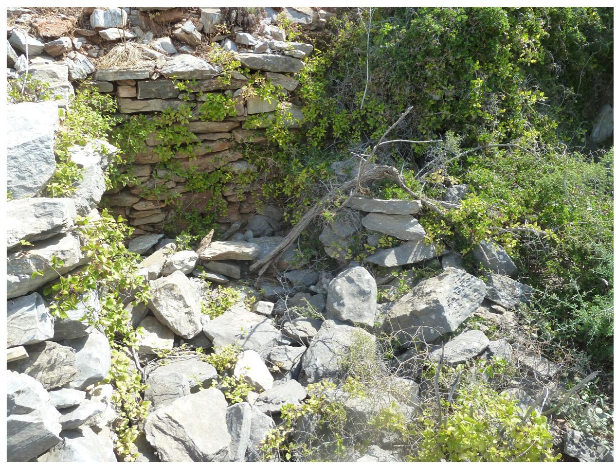 Fig. 4. A rectangular chamber at the lowest part of the path towards “Karavi” quarry.
 (e.g. a part of a threshold: Fig. 3)? and extracted blocks with tool-marks (e.g. a block with a se-
ries of 7 wedge-holes)?? are embedded in the path. At the lowest part of the path, and adjacent
to it, a rectangular chamber (Fig. 4)*° of uncertain date has been built with stone slabs without
mortar (dim. 3.00 x 5.20 m and pres. ht. 1.00 m). The path ends at the impressive vertical face
(more than 20 m high) of this extensive quarry of gray marble. Marble chips and extracted
blocks are scattered all over the site; as a matter of fact, walking on the sloping path covered
with the chipped stones proved to be a rather dangerous task. On the rock surface there are
visible point and cutting edge-marks caused by the chiseling (with the hammer) around the
hollows left by the extracted blocks, while the wedge-holes (rectangular and square) illustrate
the efforts of the quarrymen to detach the blocks from the parent rock.?' On the quarry face the
diagonal and horizontal parallel marks of the tykos, the quarrying double-axe with its two blunt
edges, are visible. The fish-bone working-pattern (a festoni technique), dated from late-Roman
period onwards, is also observed (Fig. 5). The stone extraction process has formed recesses
of some size, separated by sections of untouched rock that look like buttresses now (Fig. 6).
These spaces were later filled with quarrying waste products when the fine quality marble was
exhausted, as has also happened in the Pentelikon quarries, according to M. Korres. In fact,
the very ground surface of the quarries is built up with this debris. The same process was also
followed in other ancient quarries, e.g. in Karystos, in Chasampale of Thessaly, in Kos etc.

In the northeastern ynart of the quarrv. eight ‘stens’ had heen cut out of the rock (or. at least.
