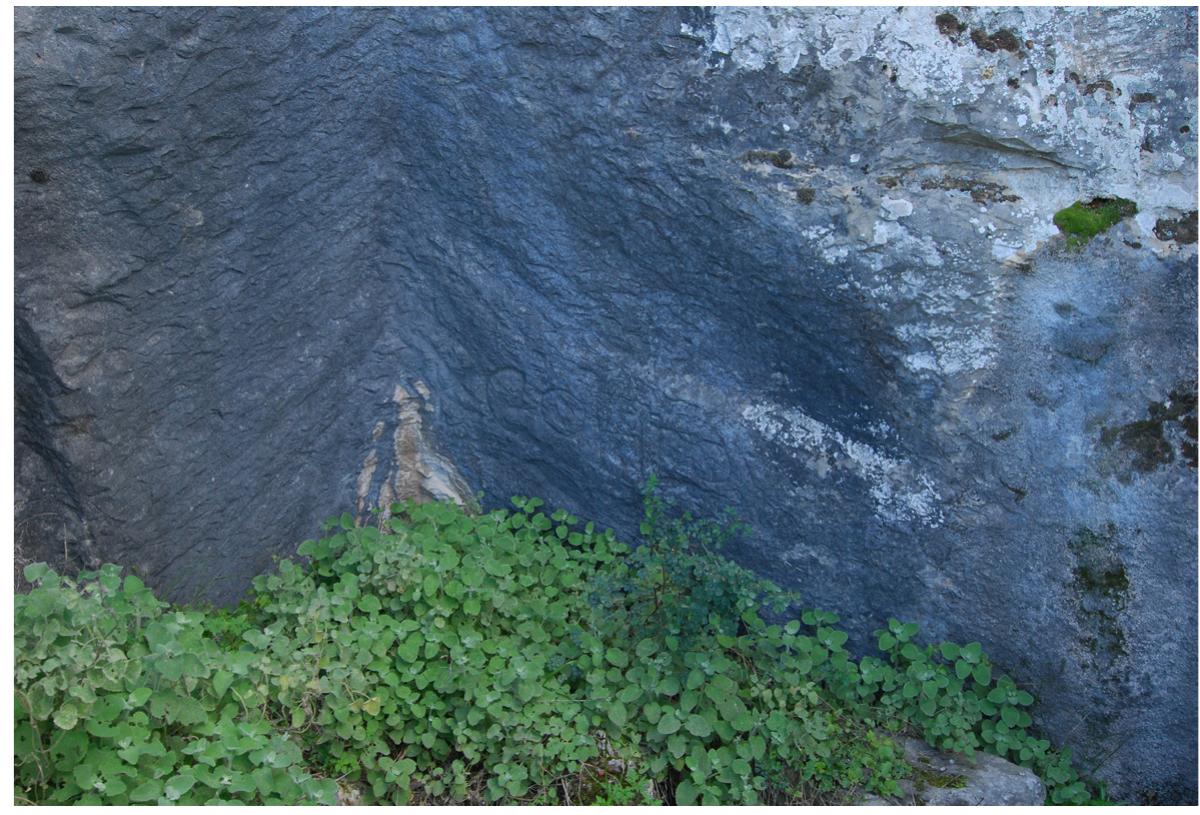 Fig. 10. Inscription KEOHTOY engraved on the quarry face behind the “Dragon-house”.
 Fig. 9. Two elongated concave impressions from the extraction
of two monolithic columns in the “Karavi” quarry.
