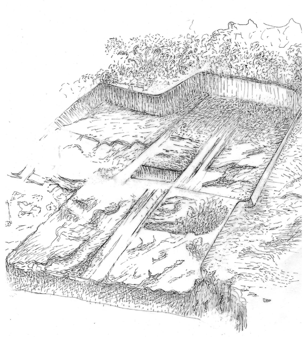 Drawing 1. Impressions of four detached blocks separated by quarrying trenches
with series of punch-marks (pointillé technique), in the “lower” quarry.

