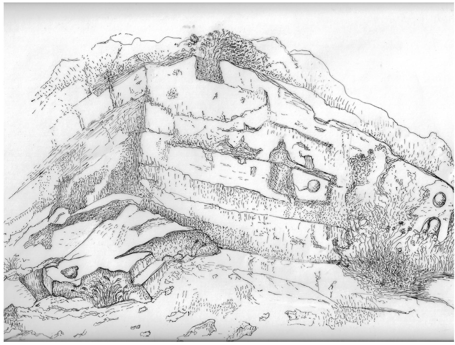 Drawing 2. General view of the large quarry at the top of the mountain.
