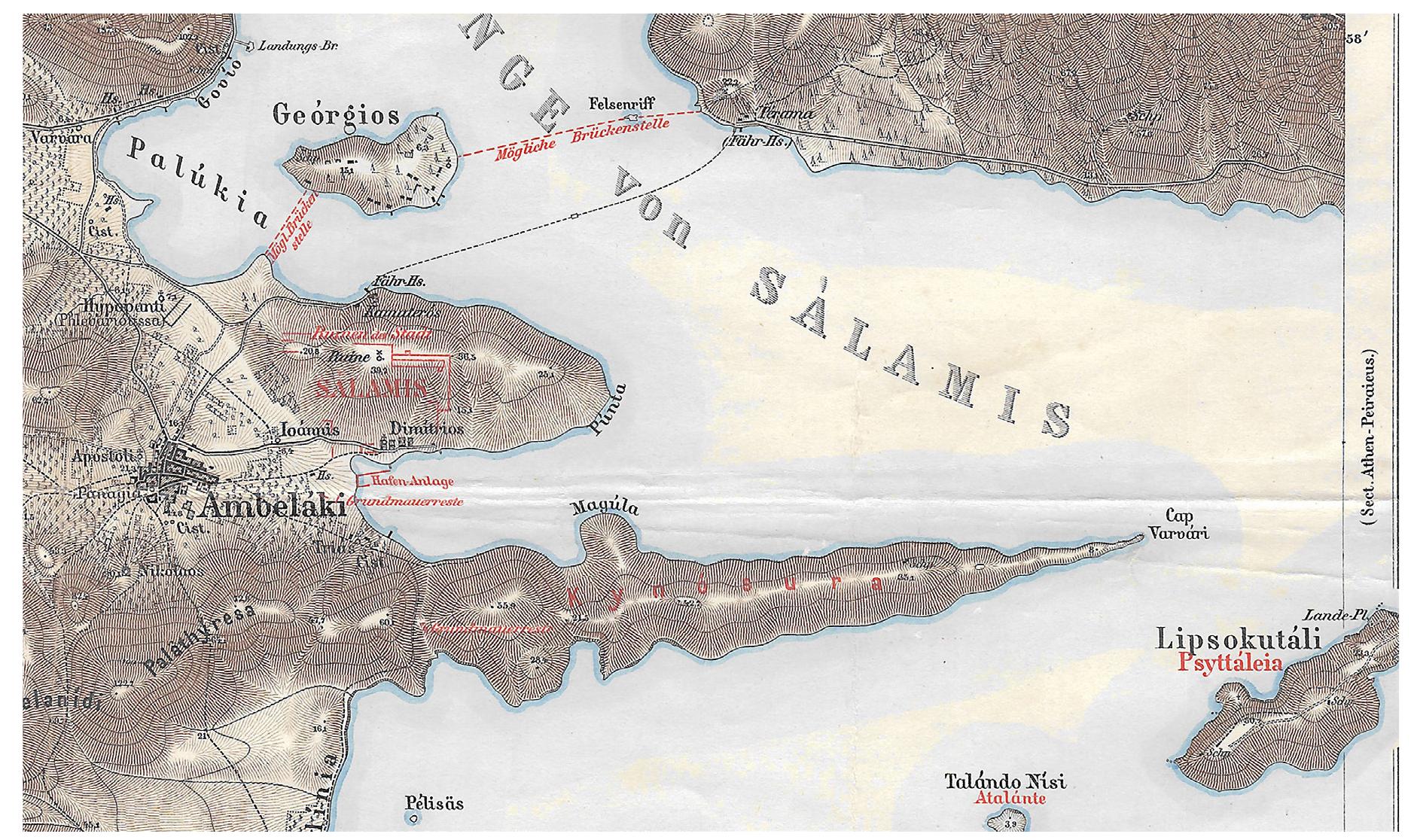 Fig. 4. Map from Curtius’ and Kaupert’s edition of 1895, detail (Personal Archive)
 Of the 20th century topographic evidence, we focus on a map of the island with indication
of elements of the 480 BC sea battle, included in the 1926 treatise by J. Kromayer and G. Veith,
Schlachten - Atlas zur antiken Kriegsgeschichte, where on the hilltop of Magoula two walls of a
building are shown.”
