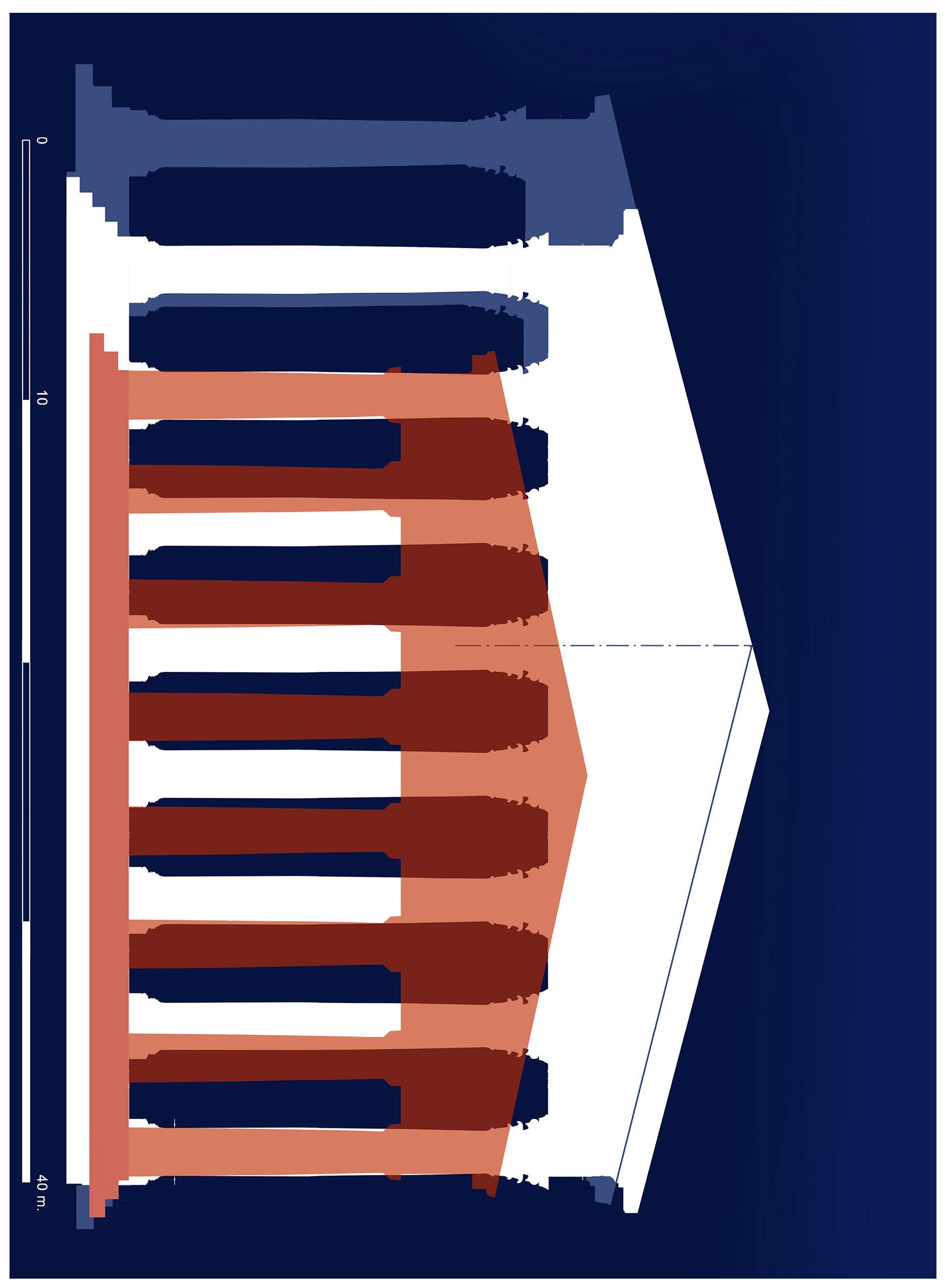 Fig. 5. Reconstructed elevation of the ‘Pantheon’ (white). With light blue, the elevation of the Olympieion and the Parthenon in red. Drawing:
Chrysanthos Kanellopoulos.

