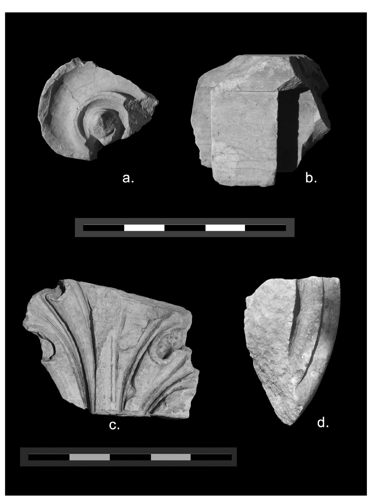 Fig. 12. a. volute PA1535. Photo by Dimitra Kovani; b. dentil 1A2931. Photo by Niki
Georgakopoulou; c. acanthus fragment A1715. Photo by Giorgos Doulfis d. torus frag-
ment NA2593.
