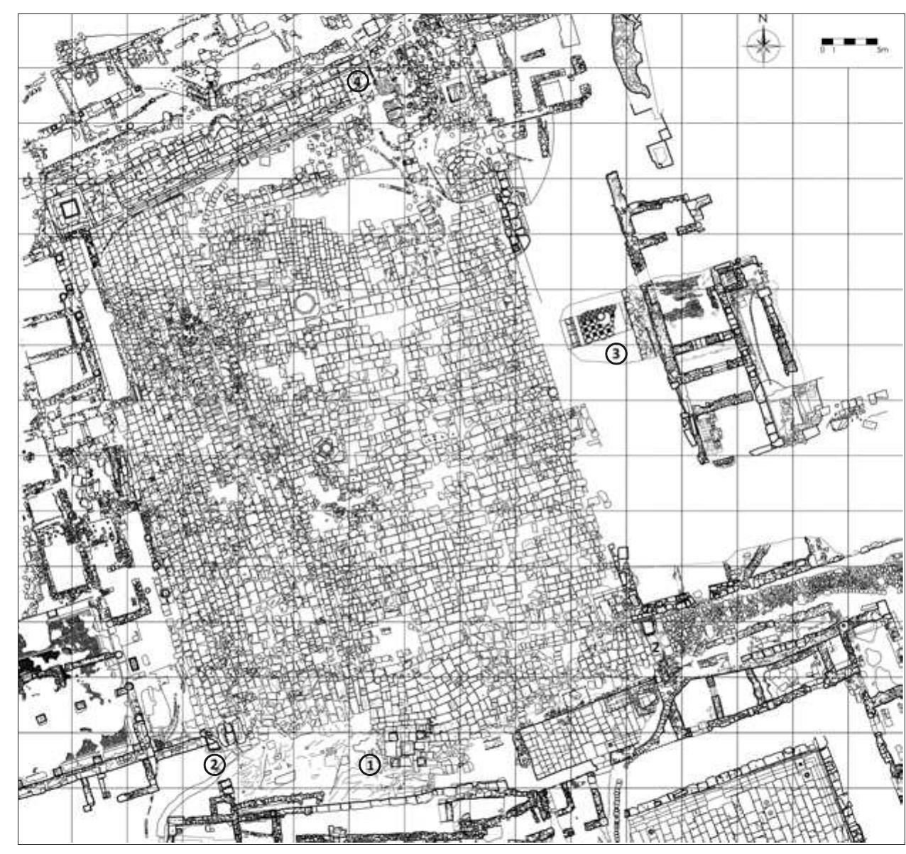 a building, like any other object, not only changes through its existence, but it often has the capa- bility of accumulating histories, so that its present significance derives from the persons and events to which it is connected". It is the dialectical relationship of the monument and the community — how it was shaped by the community and how it in turn shaped that community and its material culture — that will be the common thread of the episodes in the biography. Specific attention will therefore be paid to the meaning of the building for the civic community based on its resonance through the material culture of that community using a variety of locally produced objects that refer to the monument, such as coinage, architecture, epigraphy and ceramics.  IMPERIAL PERIOD CANOPY MONUMENT (Ear ty 17 Century A.D.)  The canopy monument is situated more or less in the middle of the south side of the Upper Agora, along a major thoroughfare that crossed the south part of the agora between the southwest and southeast entrance gates (Fig. 1). Yet, unlike the trapezoid square, which has a northwest-southeast orientation, the Tychaion is exactly oriented towards the north. The square monument (with a side of 3,10m measured from plinth to plinth; Fig. 2) had a nearly square canopy roof (measuring 3,20 by 3,10m and 1,60 m high; Fig. 3) with four concave sides composed of three superposed courses of blocks in local limestone decorated with leaf-like carved tiles on the outside and crowned by a pinnacle, as indicated by the dowel hole on top. On the exterior side, the lower part of the lower 