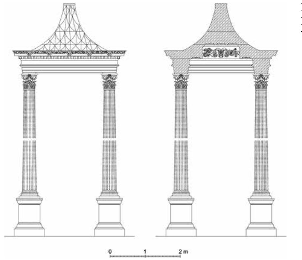 course of the blocks was elaborated as a cornice decorated with a dentil frieze in the lower part and an anthemion of open and closed palmettes interspersed with lion heads above. On the inte- rior side, this lower part is decorated on all four sides with floral ornaments consisting of a central acanthus bush from which tendrils sprout in opposite directions'®. Dowel holes and pour channels present in levelled square surfaces (with a side of 0,46m) on the northwest and northeast corners of the canopy roof (Fig. 5) indicate that two akroteria were placed there; there are no traces of such akroteria on the south side. The rough execution of the levelled area, removing some of the leaf- like tile decoration of the roof, suggests that these were probably later additions.  