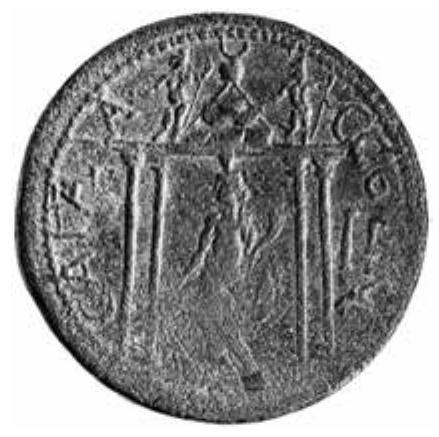 Fig. 15 Bronze coin of Sagalassos from the reign of Claudius II depicting the Tychaion — type 2  Fig. 14 Bronze coin of Sagalassos from the reign o! Claudius II depicting the Tychaion — type 1 