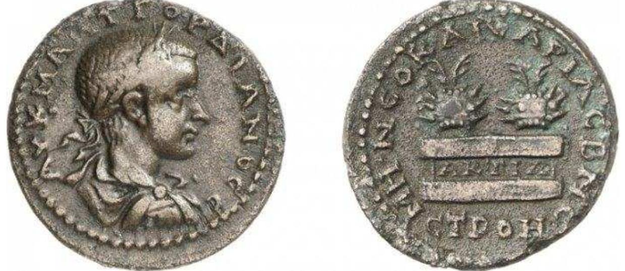 Gordian III, AE of Neocaesarea, Pontos. Dated AD 178. AV K M ANT [ORAIANOC C, laureate, draped, cuirassed bust right. / MH NEOKAICAPIAC B NE, ET ROH, altar inscribed AKTIA, surmounted by two prize urns each containing two palm branches. SNG von Aulock 6761; Gizmel 333; SNG Righetti 574; RecGen 53A. Wildwinds.com. ex Helios Auction 5, June 2011.  AKTIA: Celebrating the victory of Actium in 31 BC. These games are named on coins of Nicopolis Epirus, Perinthos, Tarsos, Tyre, Sardes, Hierapolis (Phrygia), Neocaesarea (Pontos) and many other cities. The Aktian Games were extremely popular, ranking behind the Olympian and Pythian Games and were often held in conjuction with other games. 