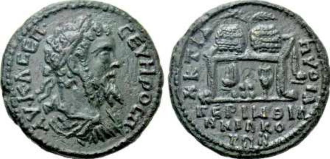 Septimius Severus, AE30 of Perinthos, Thrace. AD 193-211. AY KA CEI CEYHPOC I, laureate, draped and cuirassed bust right. / AKTIA [ITYOIA TIEPINOION NEQKOPON, two 