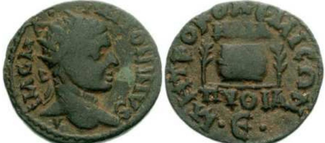 Elagabalus, AE23 of Emesa, Syria. AIM C MA ANTONINVS (or similar, often somewhat garbled, sometimes in Greek), radiate head right. / MHTPO KOA EMICON HAIA (above), ITYOIA (below) below, prize urn between two palm branches. BMC 21; Mionnet Supp VIII,  614; SNG Munich 822. 