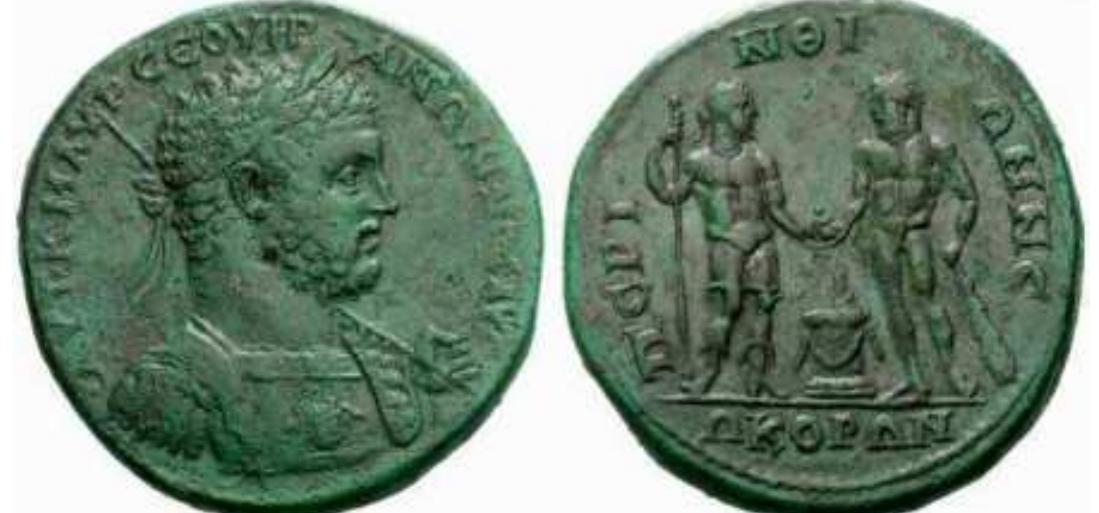 HRAKLEIA: Dedicated to Herakles at Perinthos, Thrace. Most of the issues depict the various labours of Herakles, but without specifically mentioning the Games. The large medallion-sized coins were introduced after the city received its first title of Neokorus. 