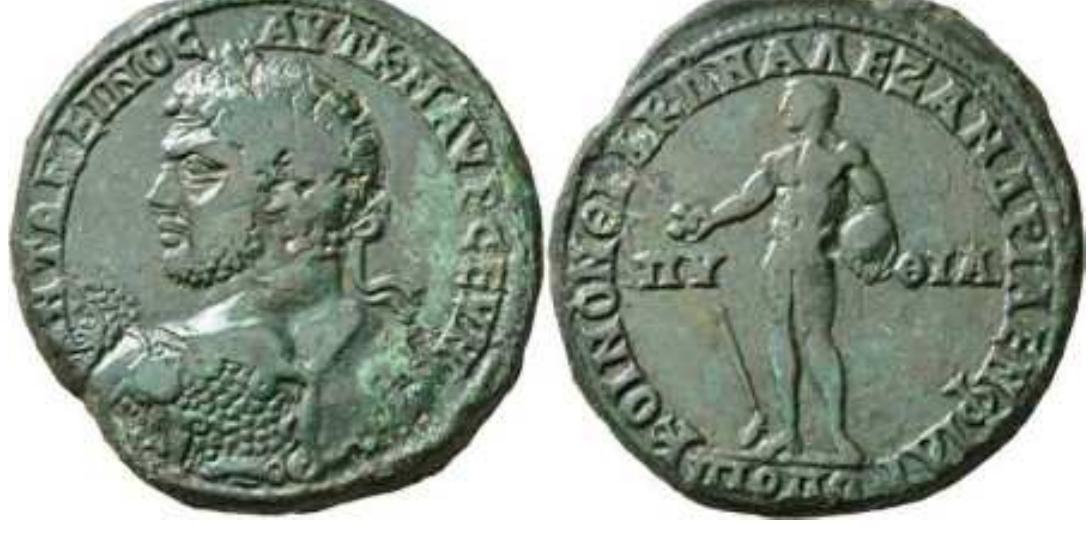 AAEXANAPEIA, honouring the memory of Alexander Ill, in Beroea, Syria; Byzantion, Thrace and Philippopolis, Thrace. Most such coins of Philippopolis bear the legend "Koinon of Thrace, Alexandreia in Philippopolis", which could suggest that competitors were limited to citizens of the Thracian "league". These coins were struck primarily by Caracalla in large quantities and with a huge variety of reverse images. 