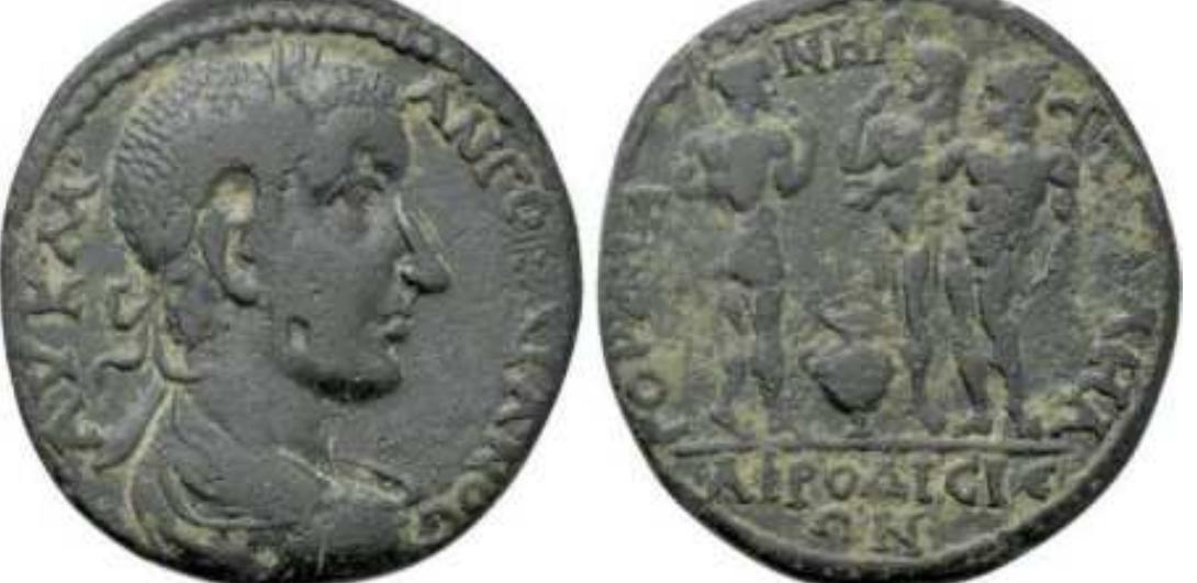 Gordian III, AE29 of Aphrodisias, Caria. AD 238-244. 11.29 g. AY K MAN I OPAIANOC, laureate, draped and cuirassed bust right. /TOPAIANHA ATTAAHA A®POAICIEQON, three naked athletes standing, one right and two left, each holding a voting pebble, voting amphoré on the ground between them. RPC VII.1 625; Imhoof KM 25. Numismatik Naumann auction 73, Lot 352, Jan 2019.  ATTAAH, in honour of Attalos Il, in Aphrodisias, Caria, in conjunction with the Gordian (III) games, struck only by Gordian III. 