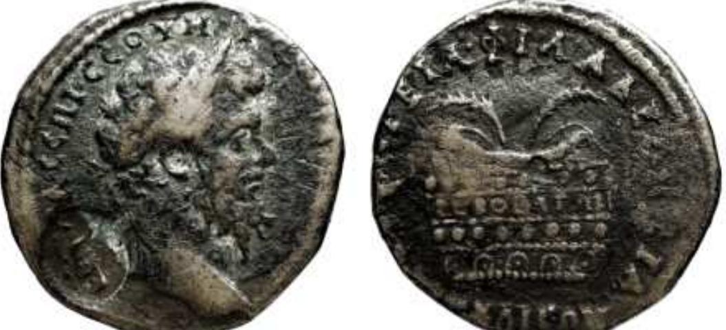 Septimius Severus, AE32 of Nicaea, Bithynia. AD 193-211. AYT KA CET CEOYHPOC IEPT AYT OY, laureate head right. / CEOYHPEIA PIAAAEA®PEIA NIKAIEQN around prize urn containing two palm branches and inscribed IEPOC AON. RecGen 356; Paris 969; SNG von Aulock 7032. Bibliotheque Nationale, Paris. 