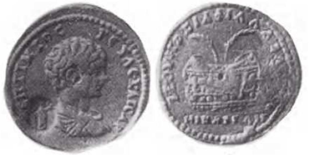 Geta, AE32 of Nicaea, Bithynia. AD 198-209. CEITIMIOC TETAC KAICAP, bare-headed, draped, cuirassed bust right. / CEOYHPEIA PIAAAEA®PEIA NIKAIEQN, prize urn inscribed IEPOC AWN, containing two palm branches. RecGen 526; BMC 87; Weiser pl. 29, 2-10. 