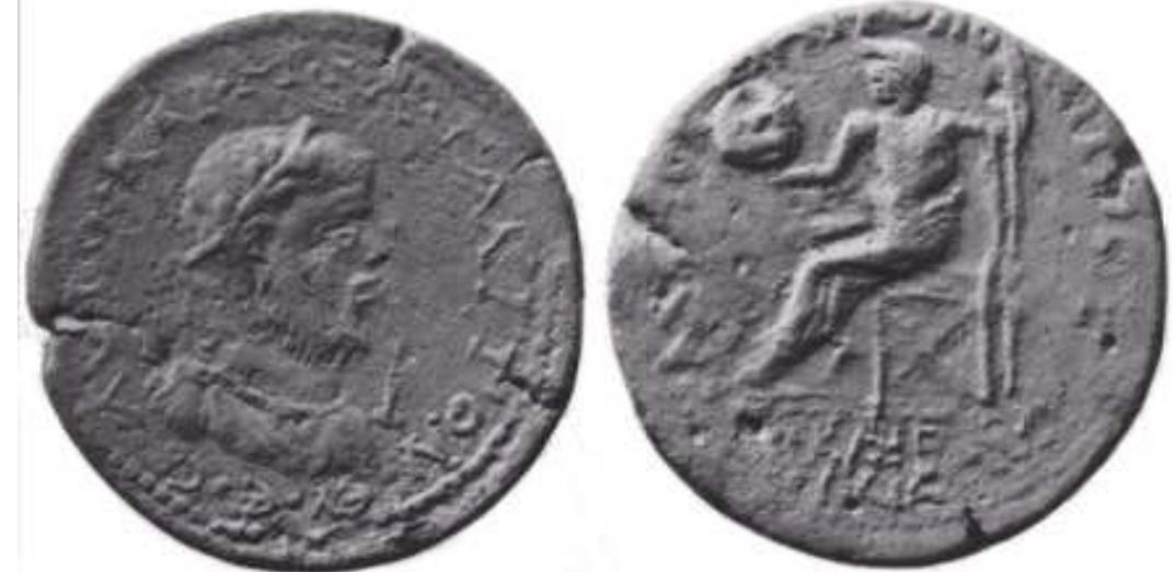 Tacitus, AE35 of Perga, Pamphylia. AD 275-276. AYT KAI M KA TAKITON EY E CB, laureate, draped bust right, value mark | before head. / TAKITIOC MHTPOIOAEITIOC MEPFAION KAICAPIA, Zeus seated left, holding prize urn and sceptre. BMC 104; Vagi 2440. British Museum. (Imhoof believes the seated person is more likely the emperor, based on the next coin). 