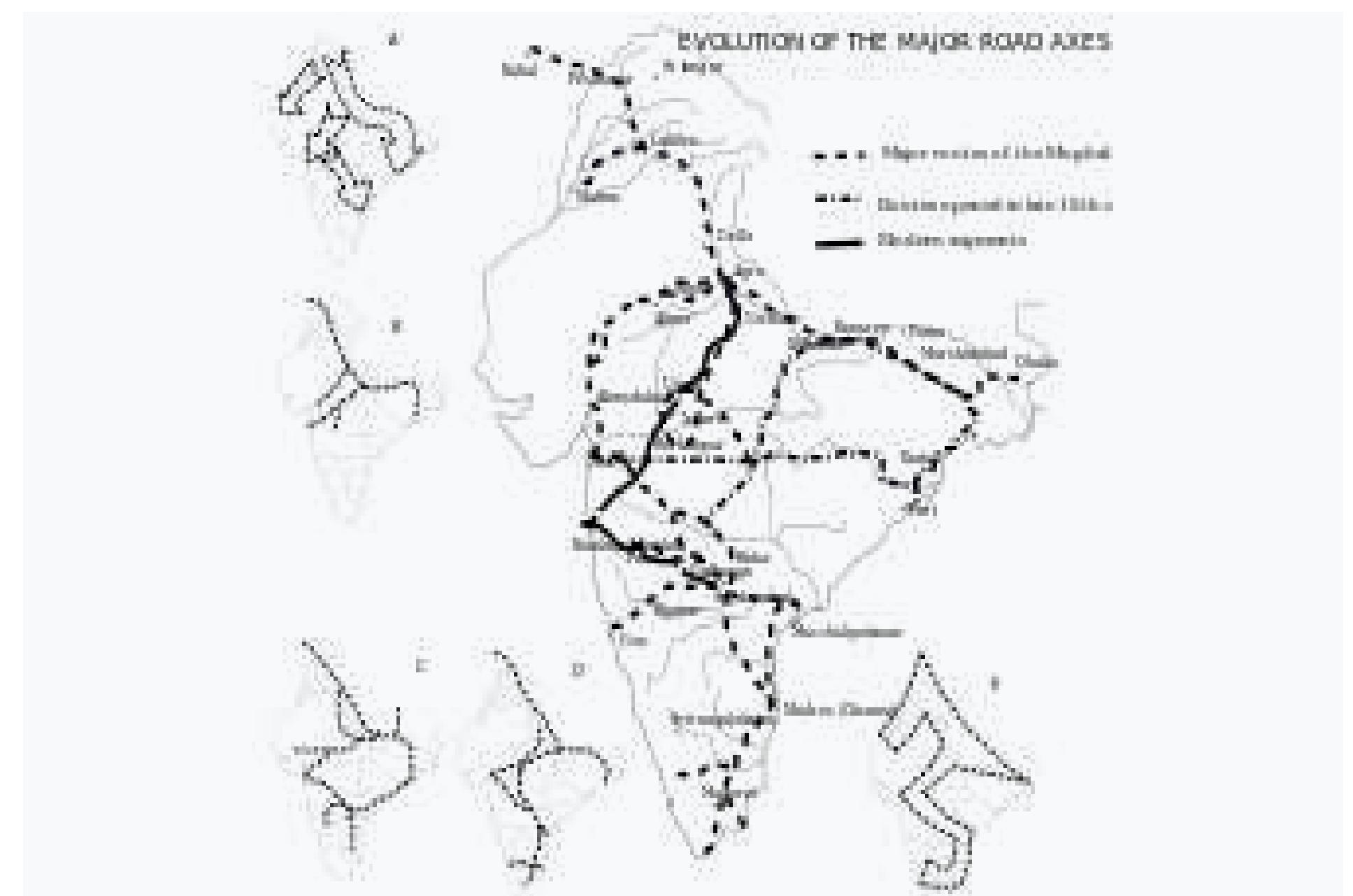 Evolution of Indian trade networks. The main map shows the routes since Mughal times, Inset A shows the major prehistorical cultural currents, B: pre-Mauryan routes, C: Mauryan routes, D: routes c. 1st century CE, and E: the "Z" shaped region of developed roads.