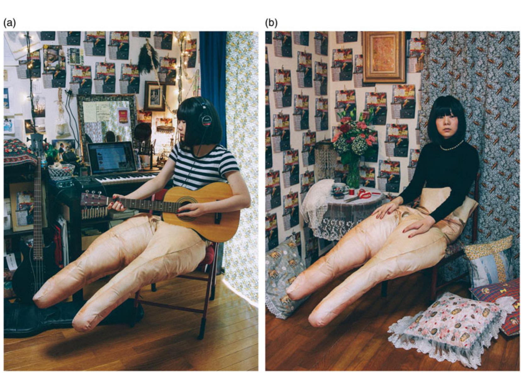 Figure 5  (a) Mari Katayama, Shadow Puppet #016 (2016). © Mari Katayama courtesy of rin art association. (b) Mari Katayama, Shadow Puppet #01402 (2016). © Mari Katayama courtesy of rin art association.  “My Leg is a Giant Stiletto Heel” 