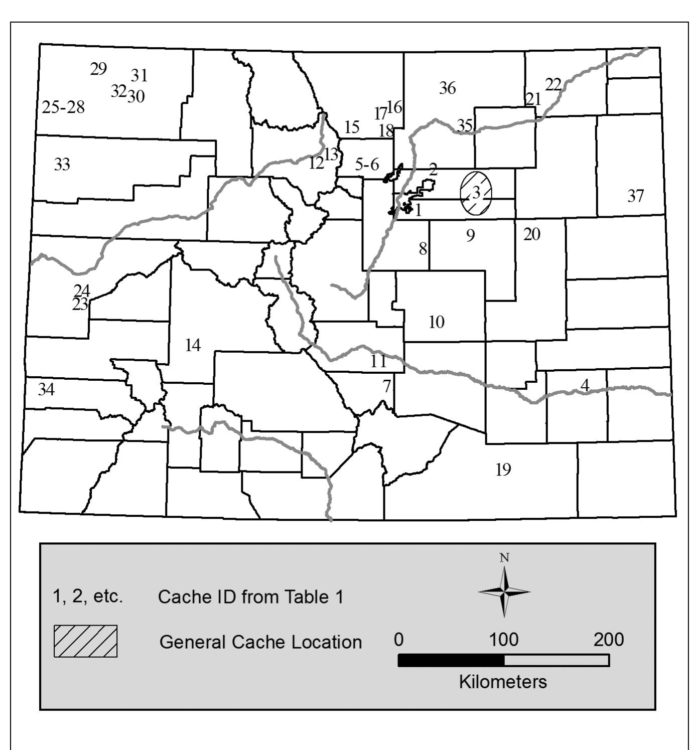 Figure 1. General location of lithic caches documented from Colorado, as described in published articles, in the gray literature, and presented in this volume. The cache locations are keyed by number for each cache and provided in Table 1.  RD ORE hy BEA MM hee VULUIIILS VIALS a OUNMOLEIILId ALIDVULIL UE LIN VY FEA egarding lithic caches and their contents (Table 1; Figure 1).  The publication is timely, given public and professional interest in recently eported Clovis-age caches (Holen and Mufiiz 2005; Huckell and Kilby 2014; duckell et al. 2011; Jennings 2013; Kilby 2008; Lassen 2005; Yohe and Bam- orth 2013). For some unknown reason, Colorado caches are poorly reported as “ompared to neighboring regions of the Great Plains (Feagins 2009; Hofman 1995; Ingbar and Frison 1987; Kornfeld et al. 1990; Lippincott 1985; Mallouf 1994; Miller et al. 1991; Wilke et al. 2002), in particular lagging behind the southern Plains where extensive publication has occurred over the past decades Backhouse et al. 2012; Ballenger 1996; Hurst 2006; Lintz and Dockall 2002; Miller 1993; Tunnel 1978; Vehik 2007; Wiseman et al. 1994). This present ynthesis is a start toward understanding the many roles that caches played in 