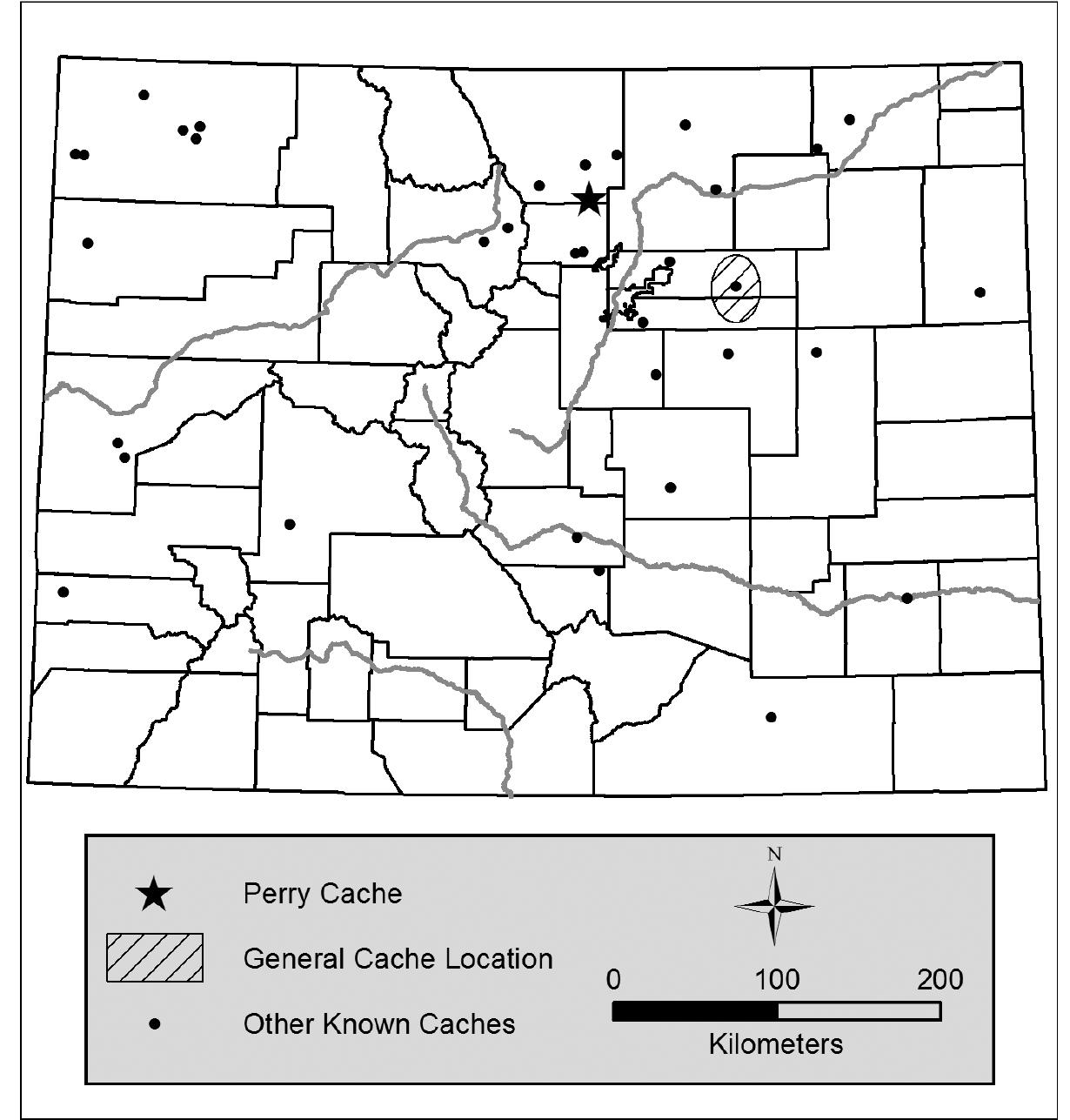 Figure 1. The location of the Perry cache relative to other known caches in Colorado (see LaBelle, this volume, for information on the other caches). 