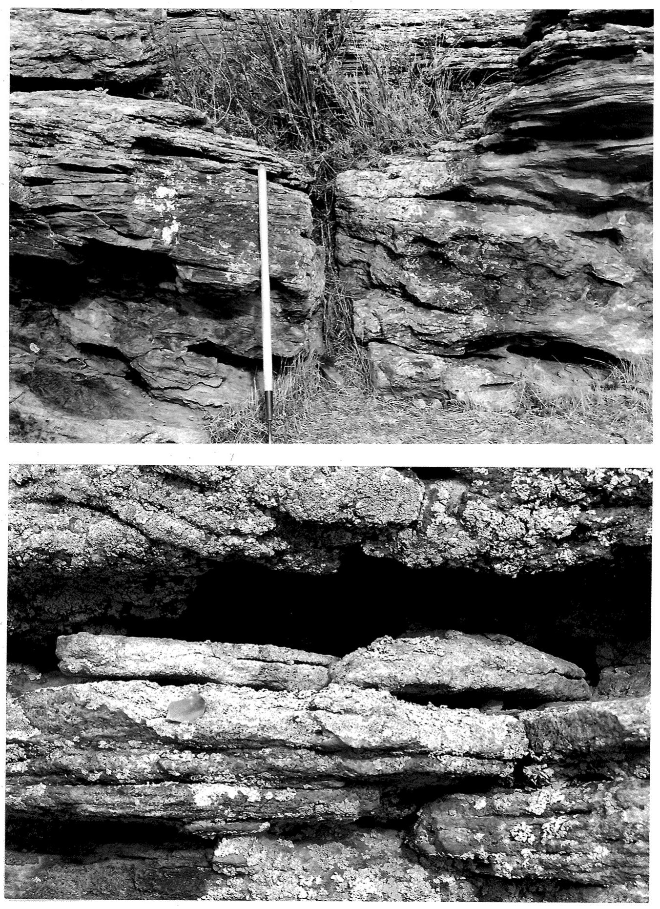 Figure 2. Photographs of the rock crevice in which the cache was found. Top: the cache was found in the upper right corner. Bottom: detail of two stone slabs associated with the cache. Photographs by John Volcic. 