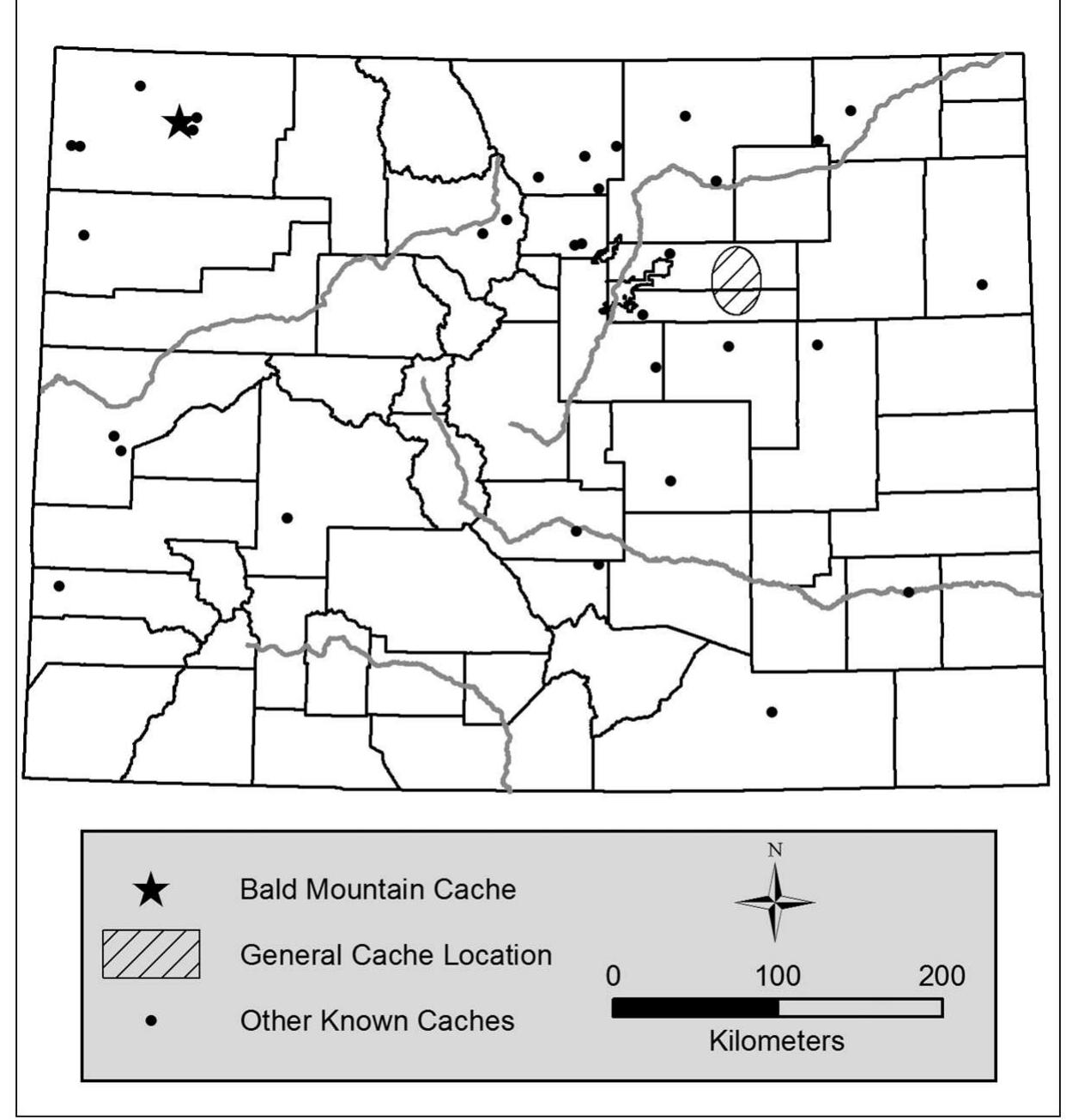 Figure 1. Location of Bald Mountain cache, relative to other known caches in Colorado (see LaBelle, this volume, for information on the other caches). 