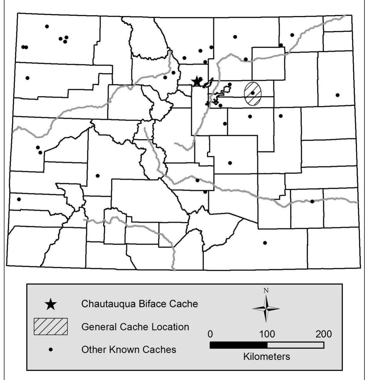 Figure 1. Location of the Chautauqua Biface cache relative to other known caches in Colorado (see LaBelle, this volume, for information on the other caches). 