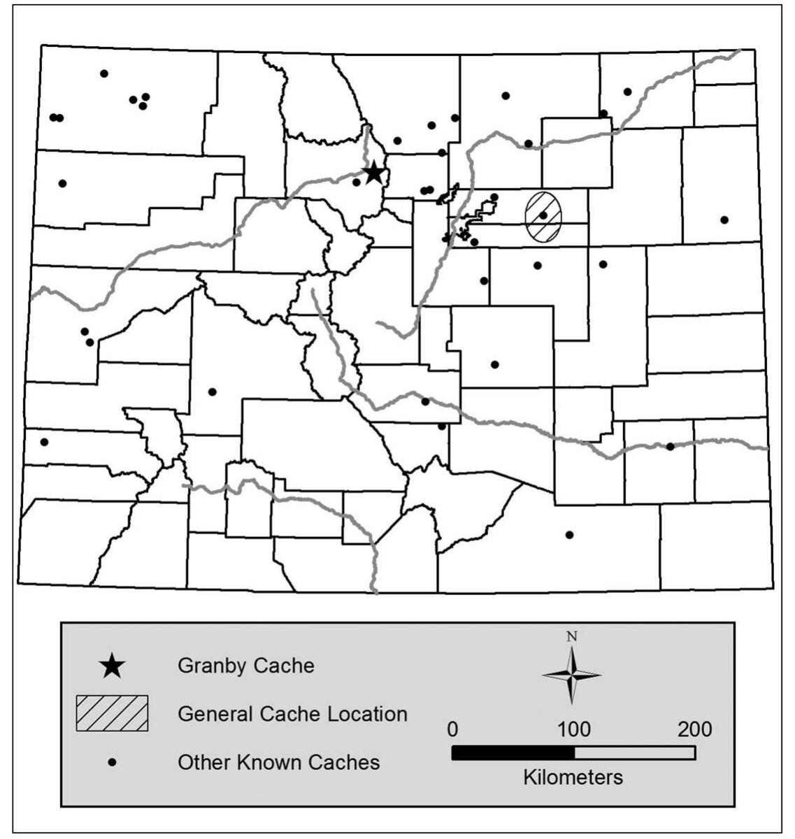 Figure 1. Location of the Granby cache relative to other known caches in Colorado (see LaBelle, this volume, for information on the other caches). 
